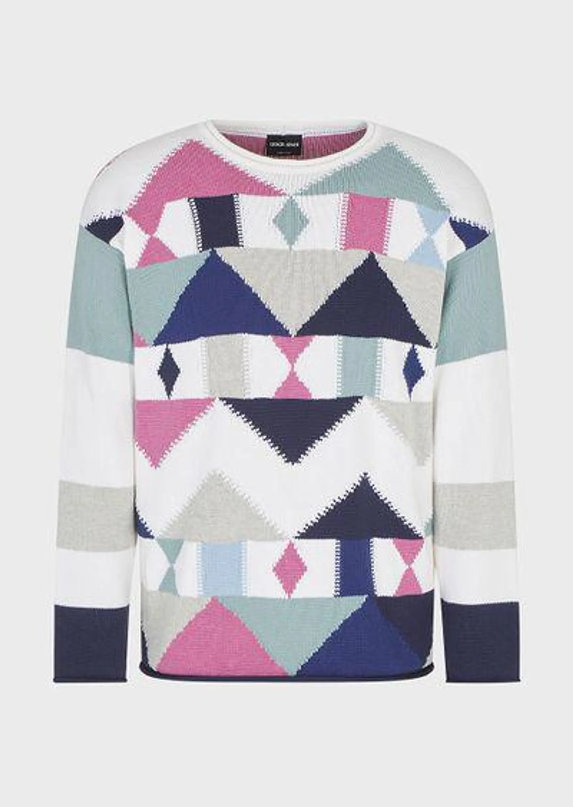 Crew neck sweater in cotton and cashmere with inlays