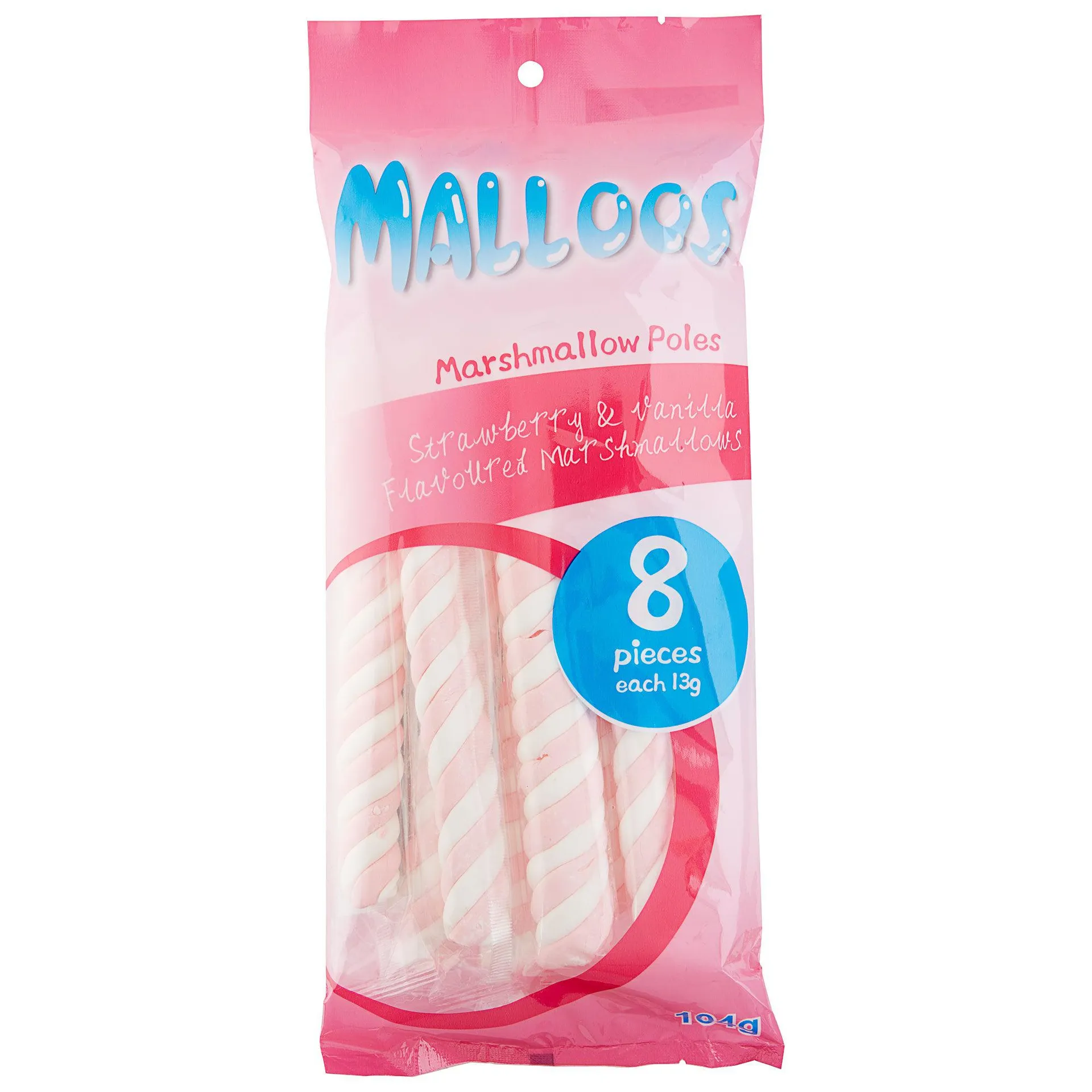 Malloos Strawberry & Vanilla Marshmallow Poles Sharebag 8pk 104g