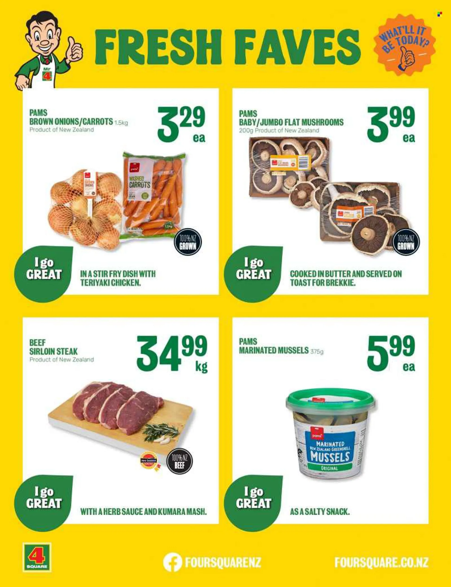 Four Square mailer - 13.06.2022 - 19.06.2022 - Sales products - mushroom, flat mushrooms, carrots, onion, mussel, snack, herbs, beef meat, beef sirloin, steak, sirloin steak. Page 3.