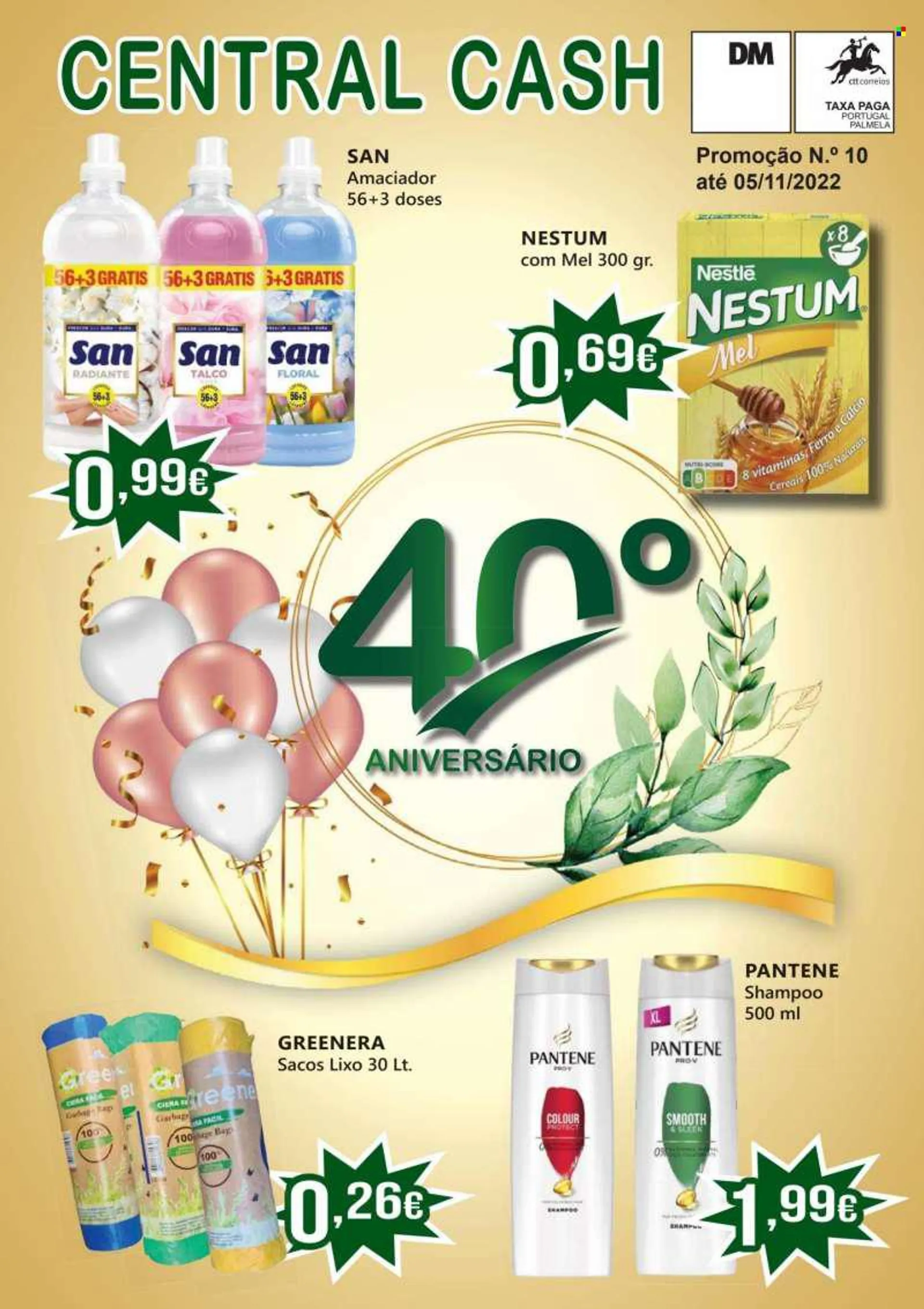 Folheto Central Cash - 19.10.2022 - 5.11.2022 - Produtos em promoção - Nestlé, cereais, Nestum Mel, amaciador, shampoo, Pantene. Página 1.