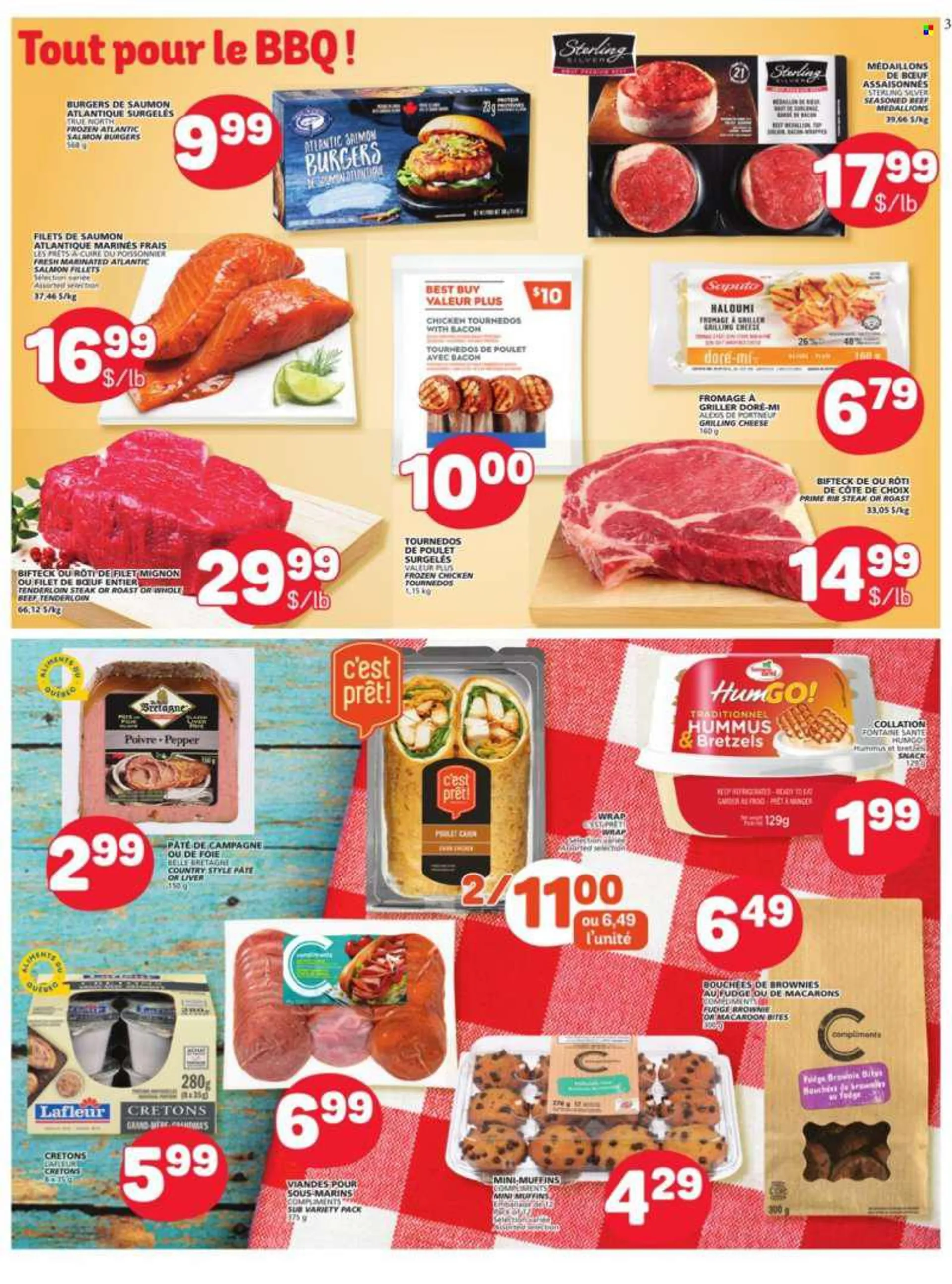 Marché Bonichoix Flyer - June 16, 2022 - June 22, 2022 - Sales products - brownies, muffin, salmon, salmon fillet, hamburger, hummus, cheese, Fudge, snack, chicken meat, beef meat, beef tenderloin, steak. Page 3.