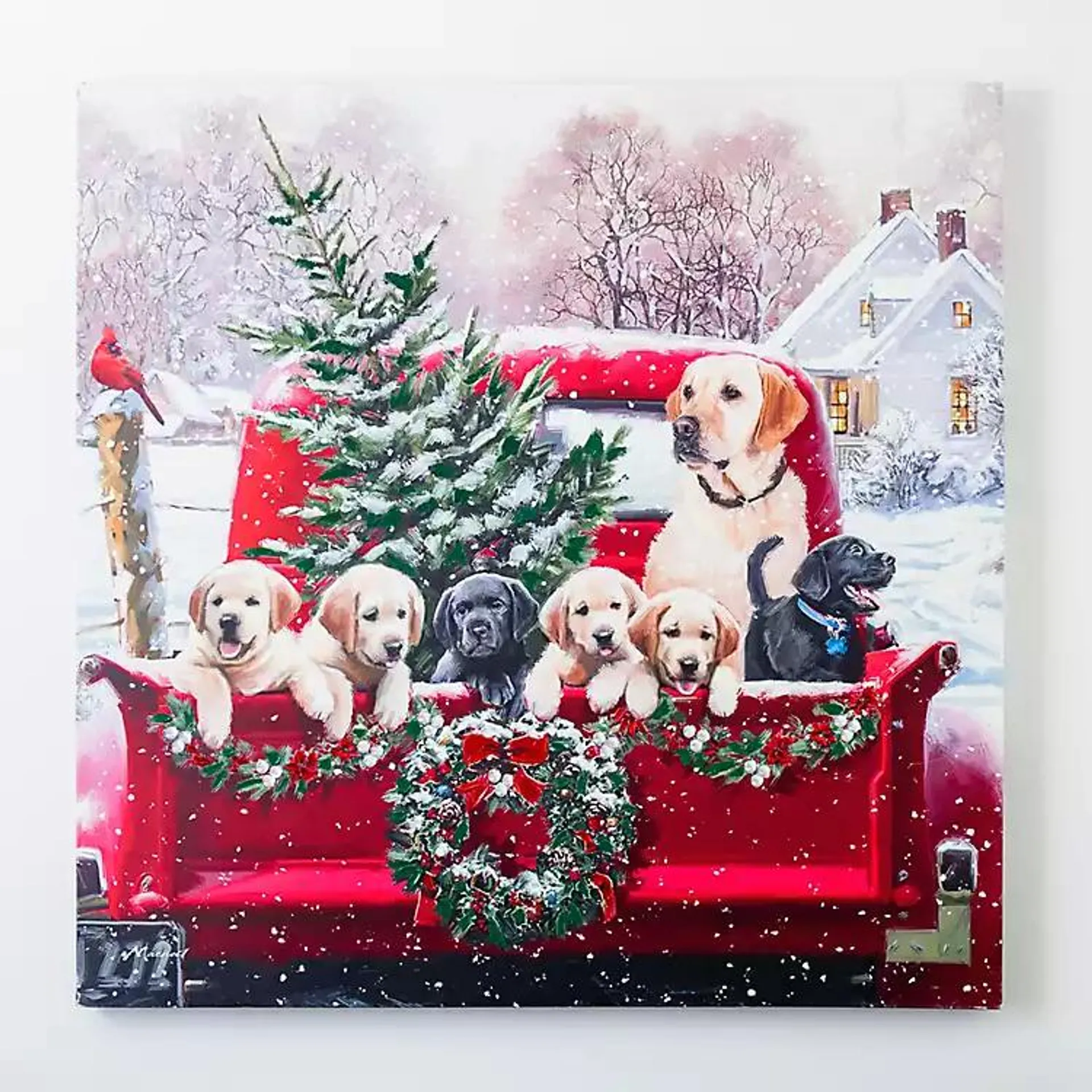 Puppies In Truck Christmas Canvas Art Print