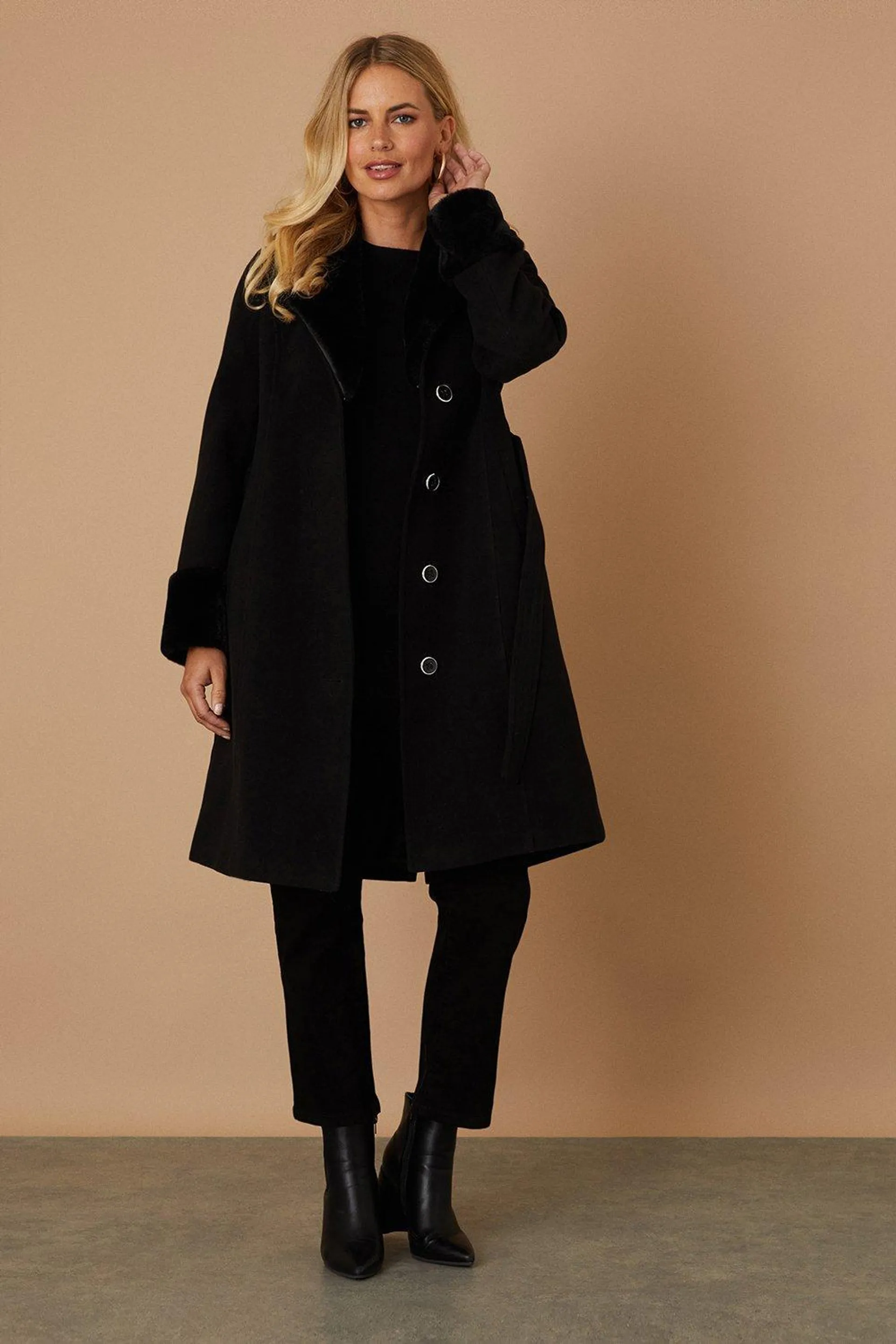 Petite Faux Fur Belted Single Breasted Coat