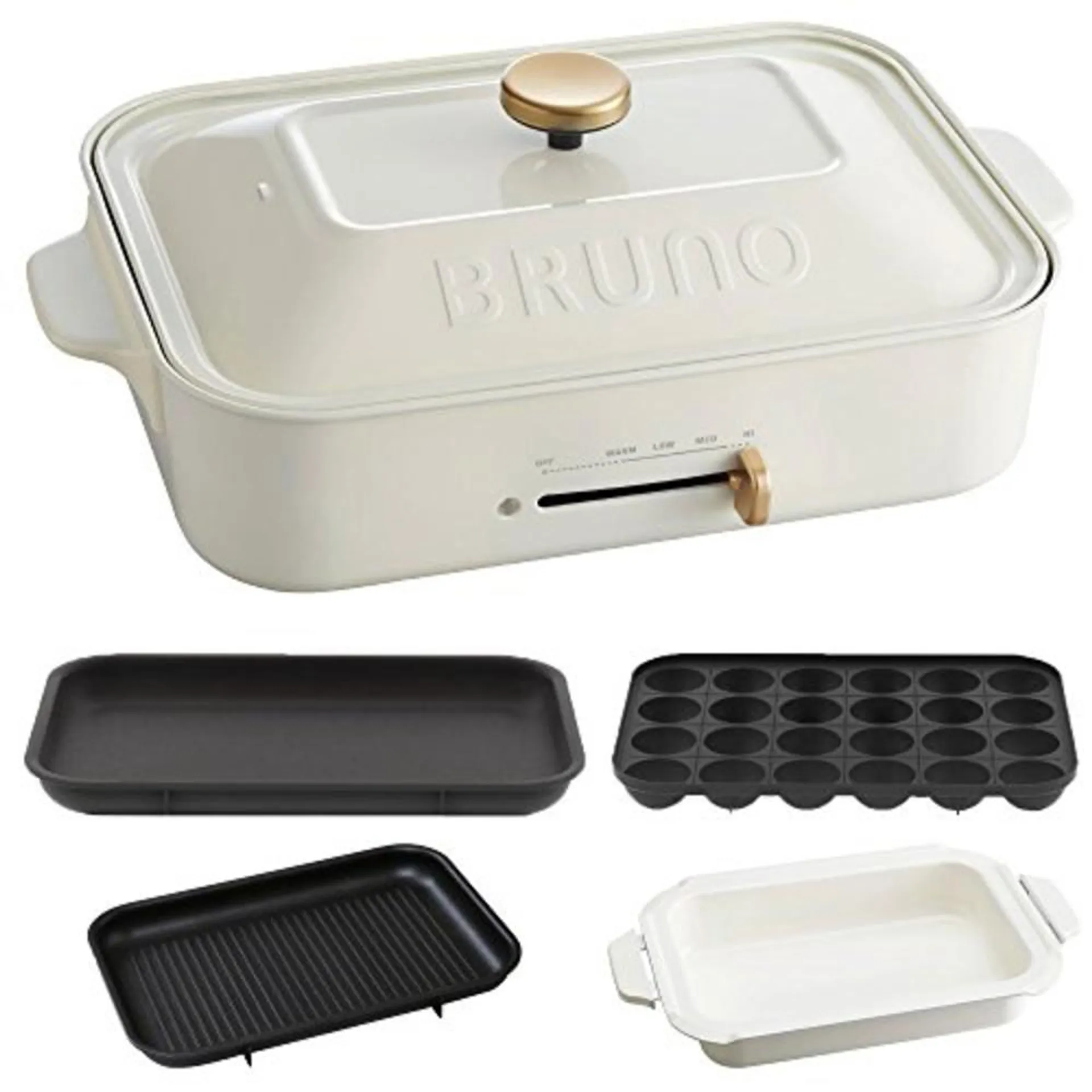 BRUNO compact hot plate + takoyaki plate + ceramic-coated pot + grill plate 4-piece set (white)