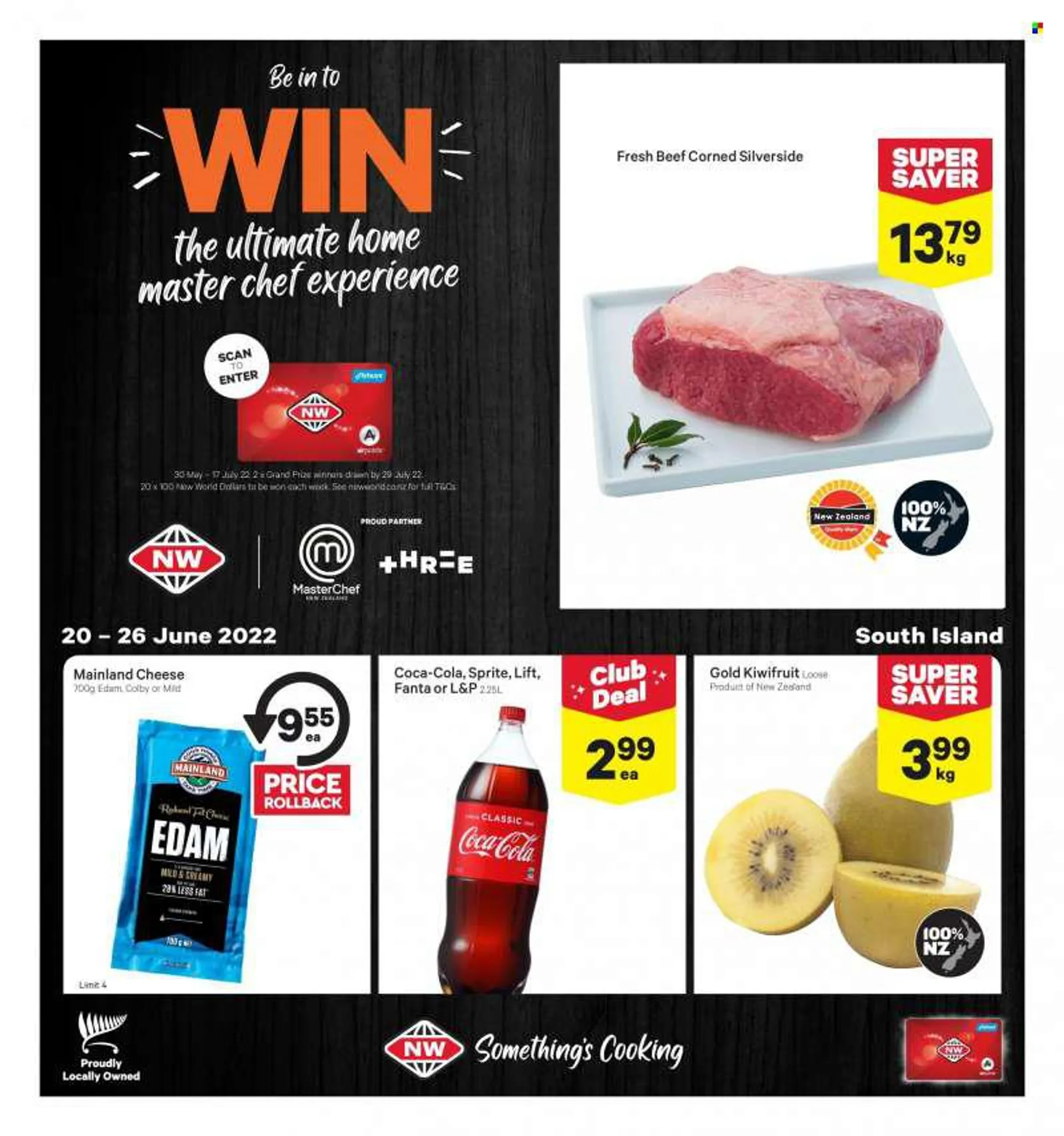 New World mailer - 20.06.2022 - 26.06.2022 - Sales products - kiwi, colby cheese, edam cheese, cheese, Coca-Cola, Sprite, Fanta, L&amp;P. Page 1.