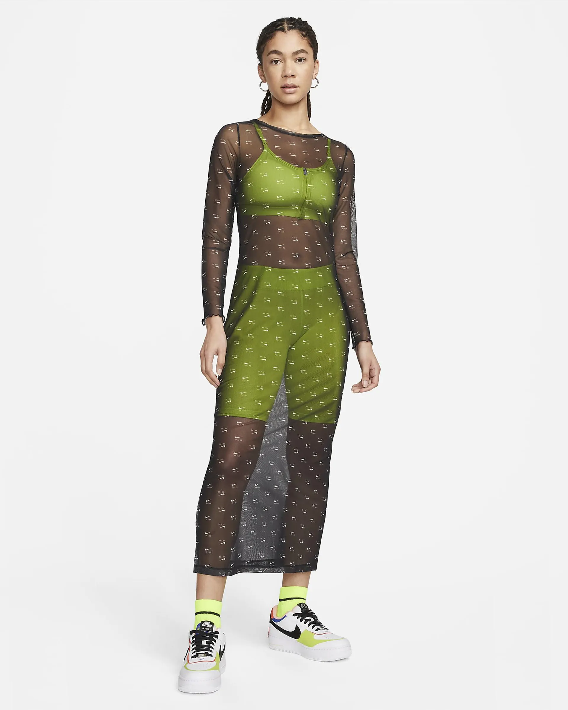 Women's Printed Mesh Long-sleeve Dress
