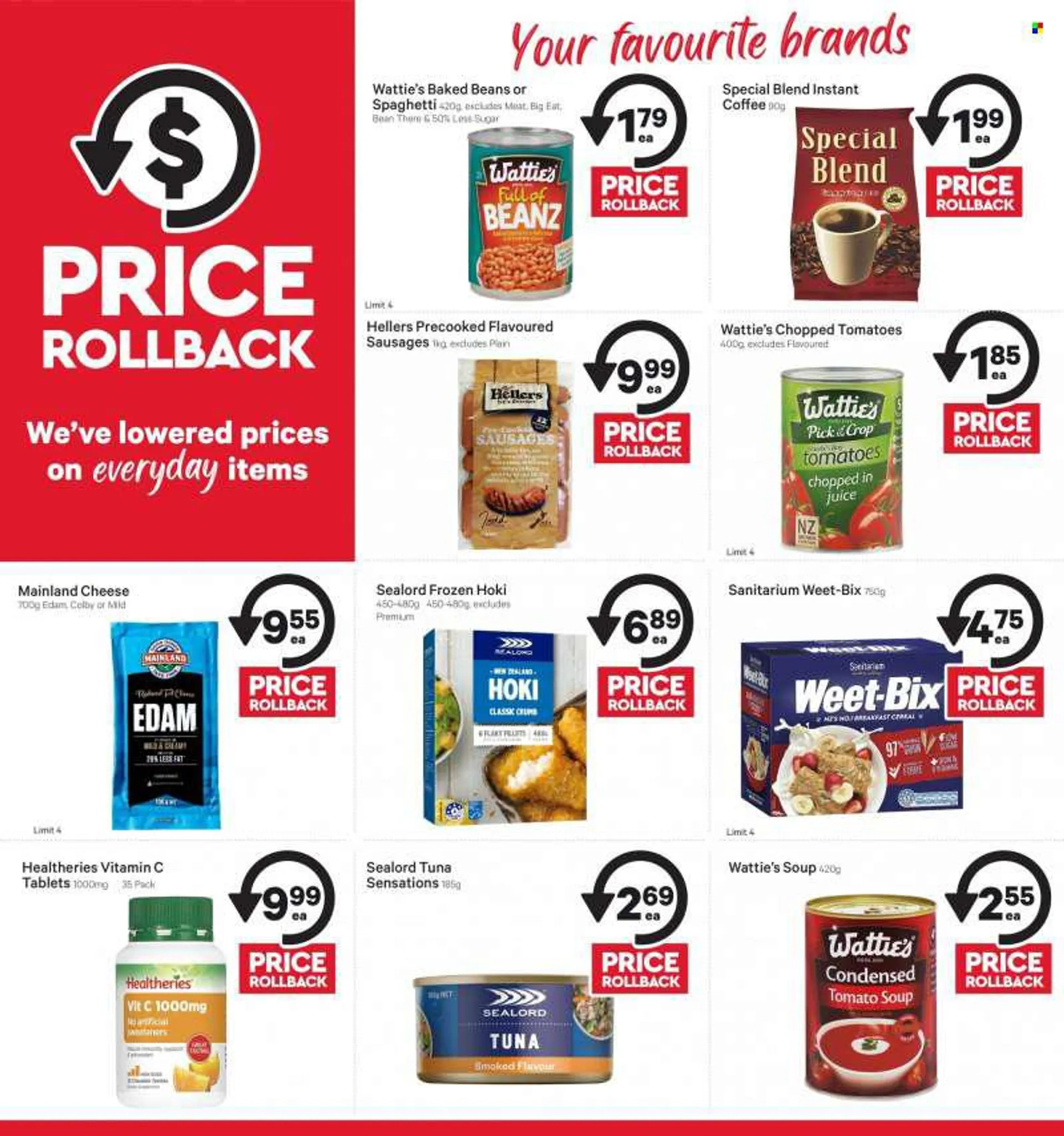 New World mailer - 20.06.2022 - 26.06.2022 - Sales products - tomatoes, tuna, Sealord, hoki fish, tomato soup, soup, sauce, Watties, sausage, colby cheese, edam cheese, cheese, cereal bar, baked beans, sealord tuna, chopped tomatoes, cereals, Weet-Bix, ju