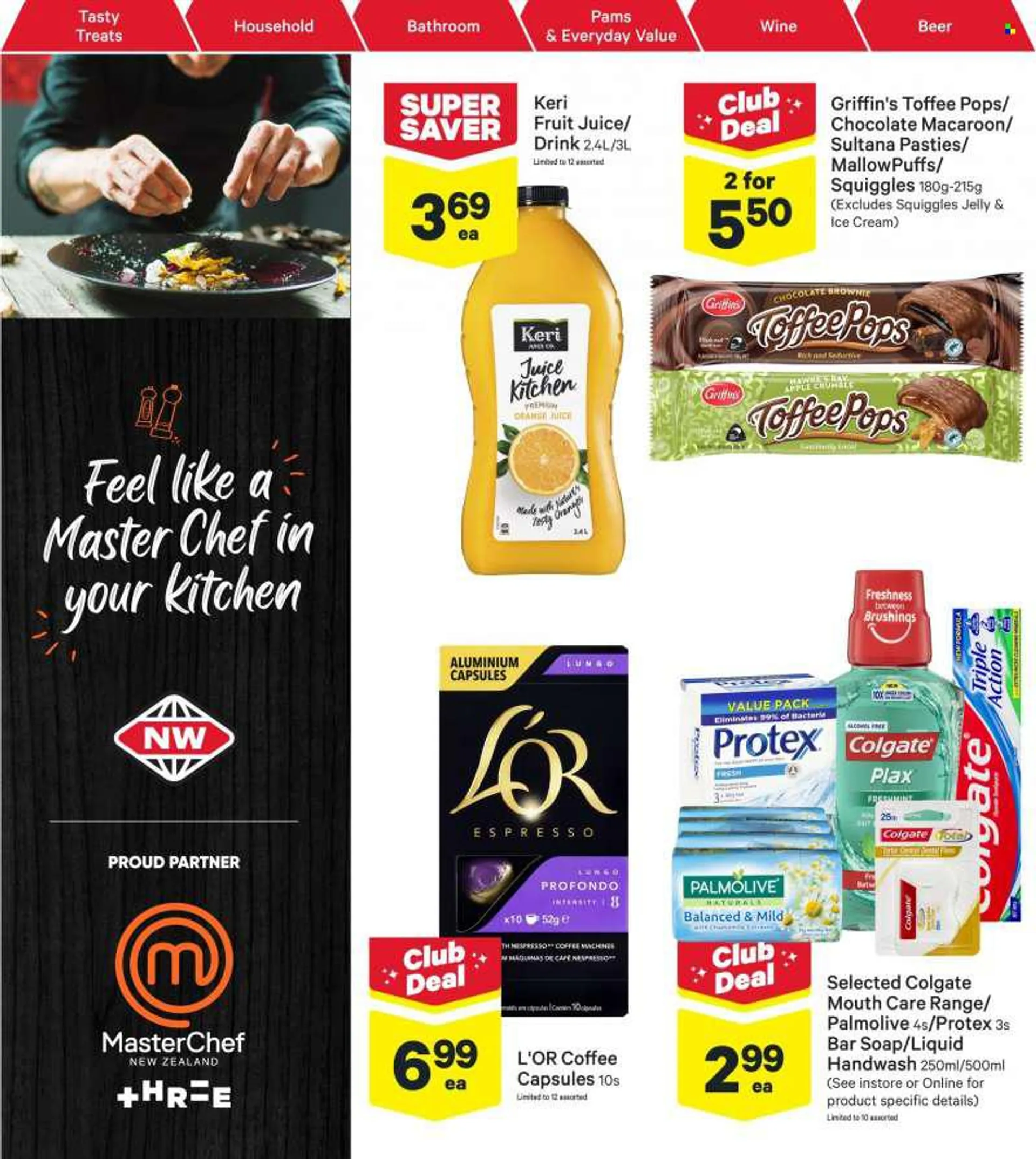 New World mailer - 13.06.2022 - 19.06.2022 - Sales products - Puffs, brownies, ice cream, toffee, jelly, biscuit, Griffins, orange juice, juice, fruit juice, coffee, Nespresso, coffee capsules, LOr, wine, beer, antimicrobial soap, hand wash, Palmolive, Pr
