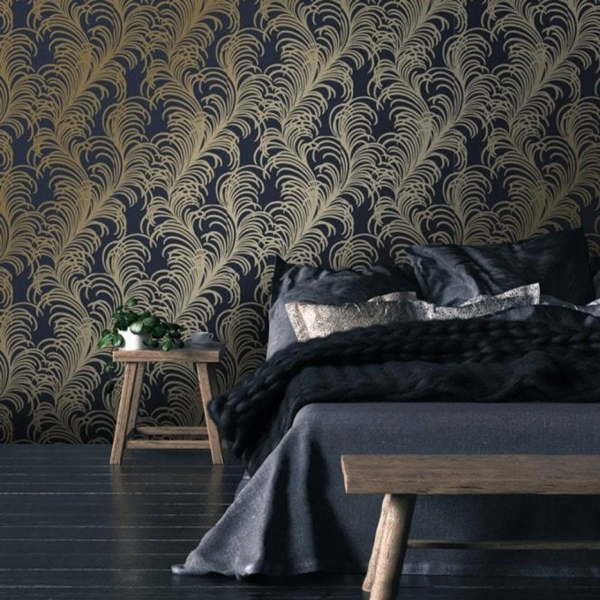 Charleston Feather wallpaper in navy & gold