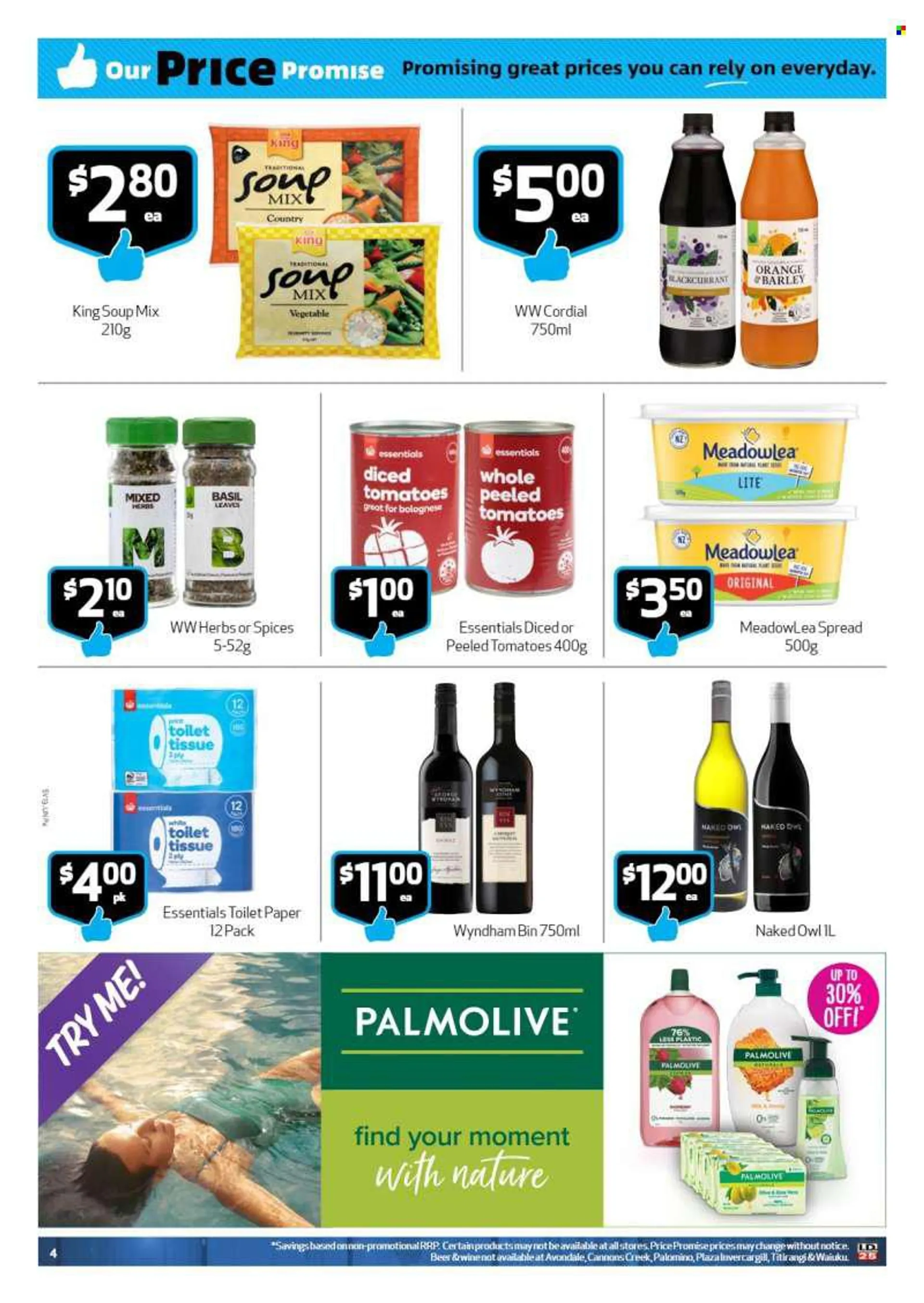 SuperValue mailer - 13.06.2022 - 19.06.2022 - Sales products - tomatoes, orange, soup mix, soup, meadowlea spread, Meadowlea, diced tomatoes, basil, honey, wine, beer, toilet paper, Palmolive, essentials. Page 4.
