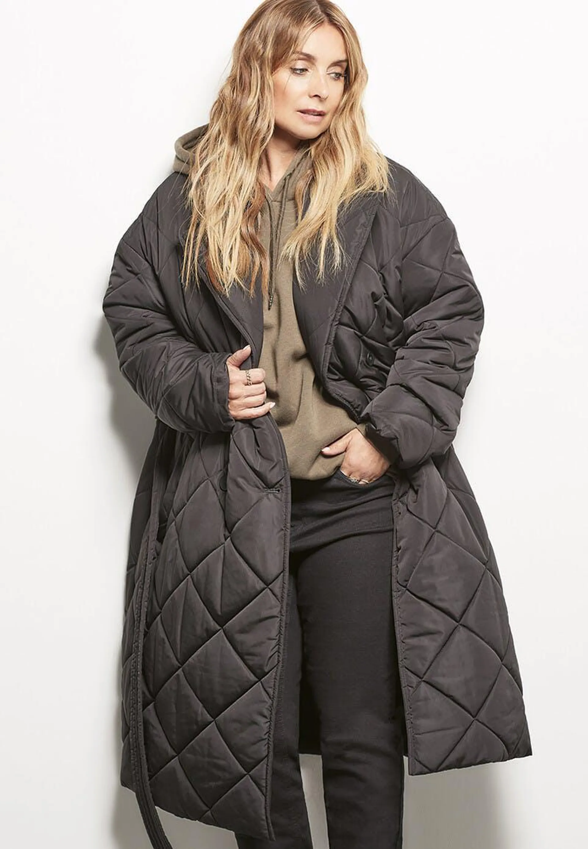 Womens Black Quilted Coat with Belt