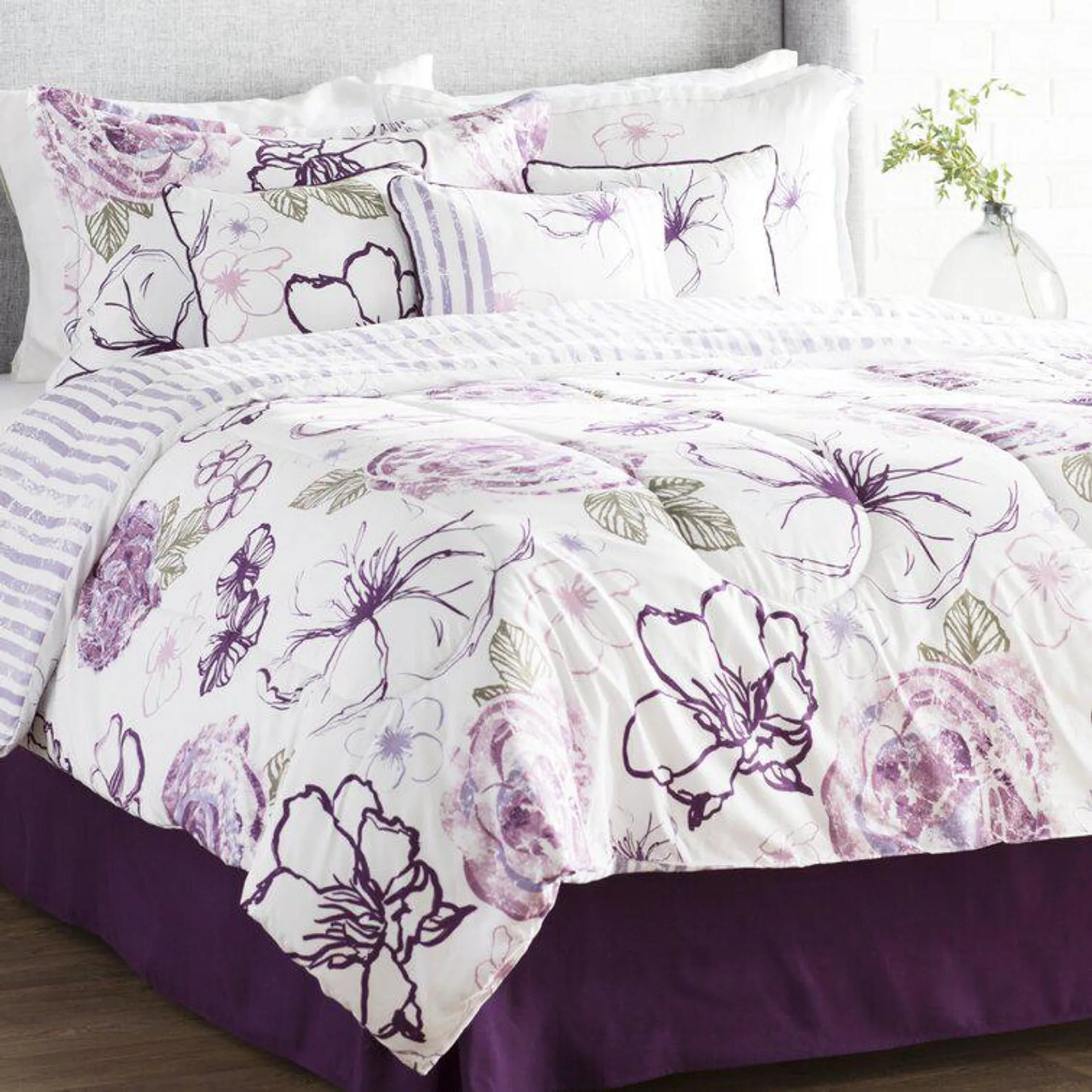 Ramsell White/Purple/Green Microfiber Modern & Contemporary 7 Piece Comforter Set