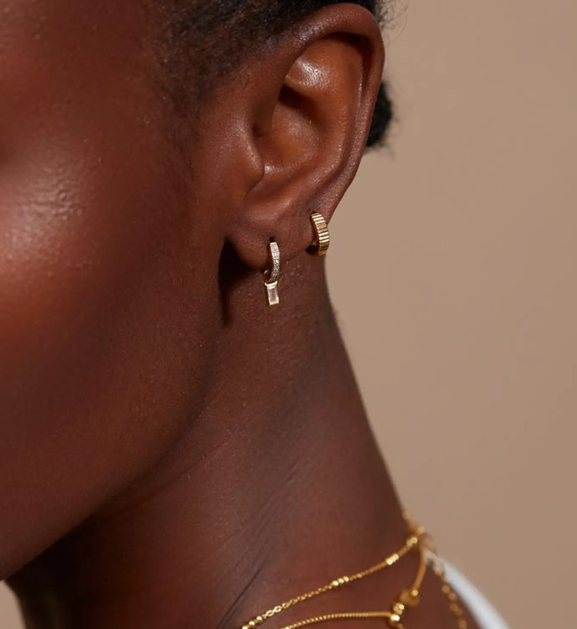 Skinny Diamond & Rock Crystal Baguette Charm Huggie Earrings