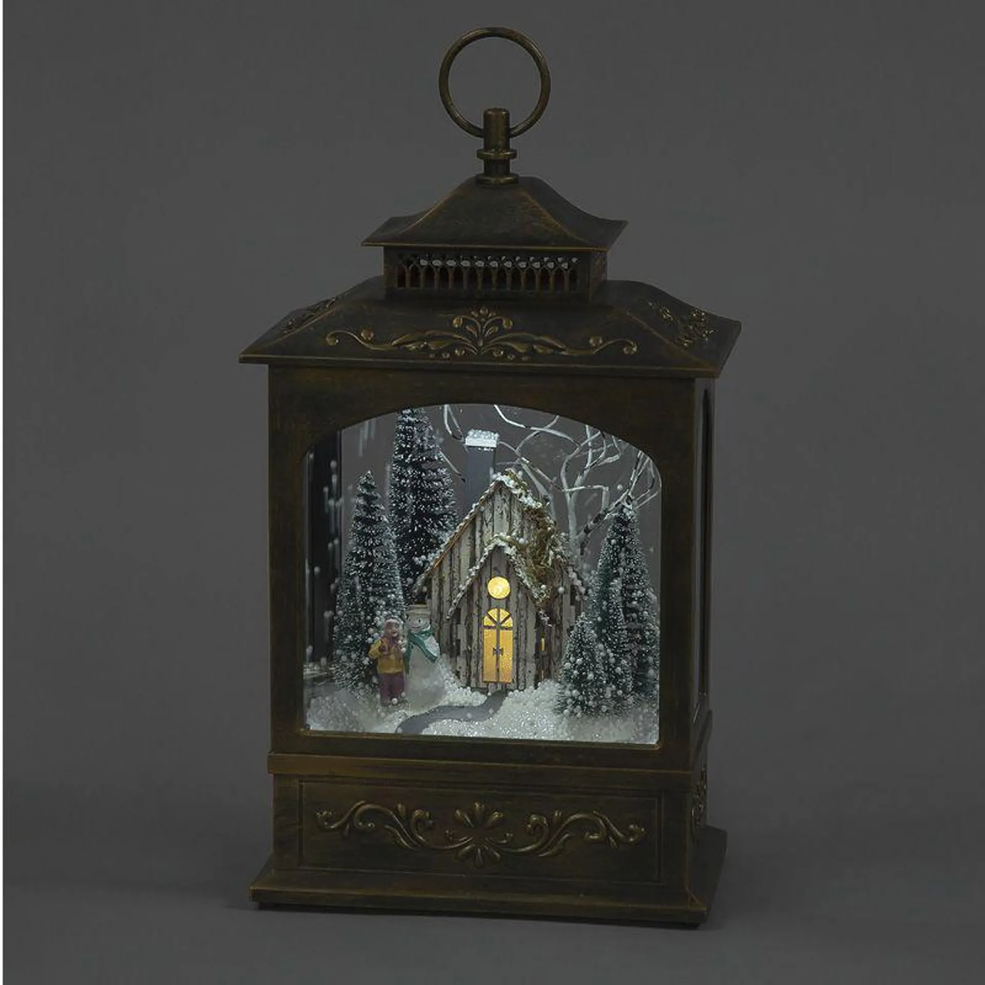 43cm Snowing Lantern Black Brushed Gold Winter Scene