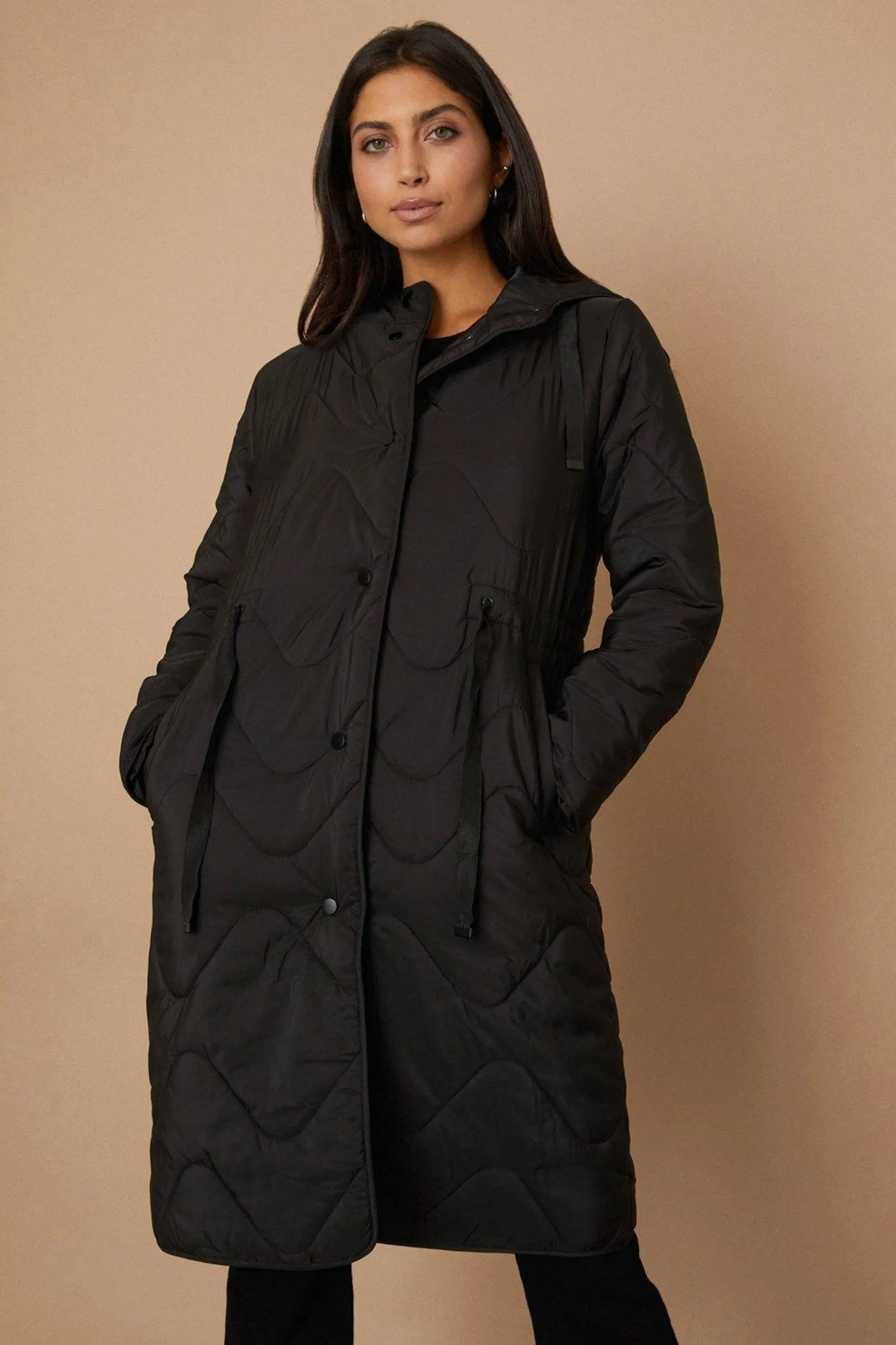 Black Drawcord Waist Hooded Quilted Coat