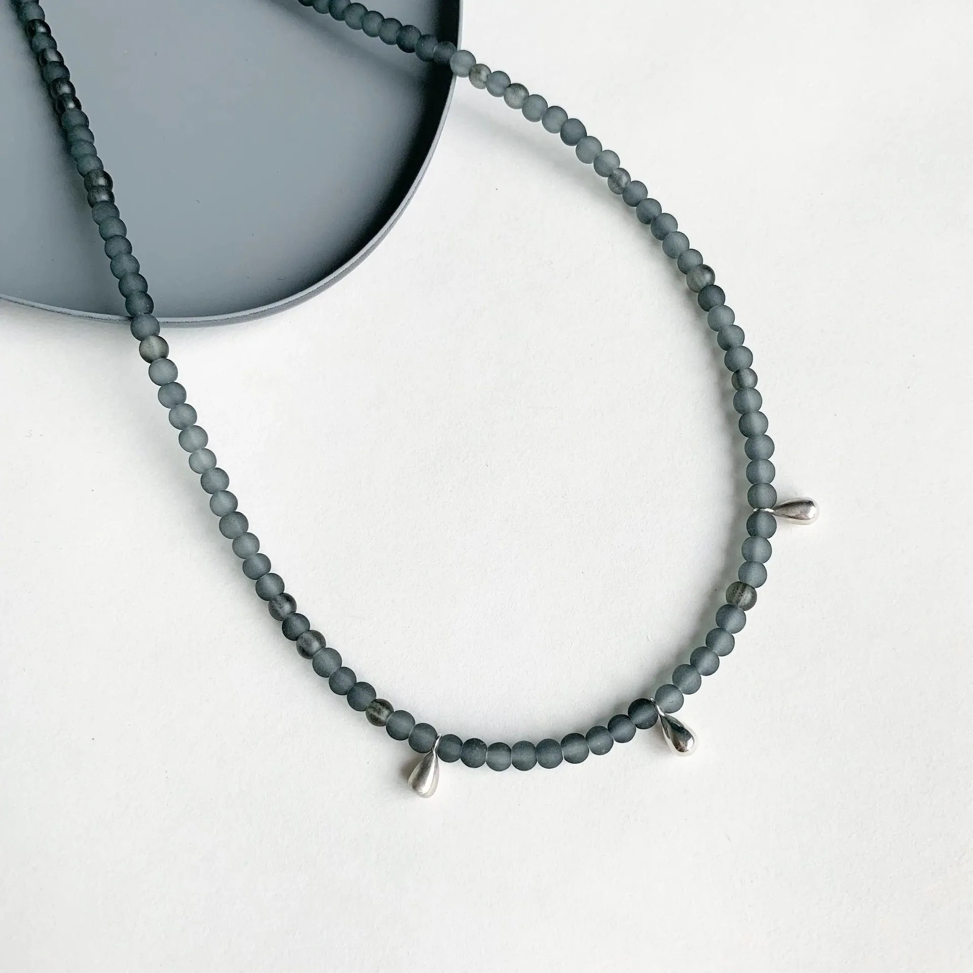 Grey Bead and Silver Teardrop Necklace