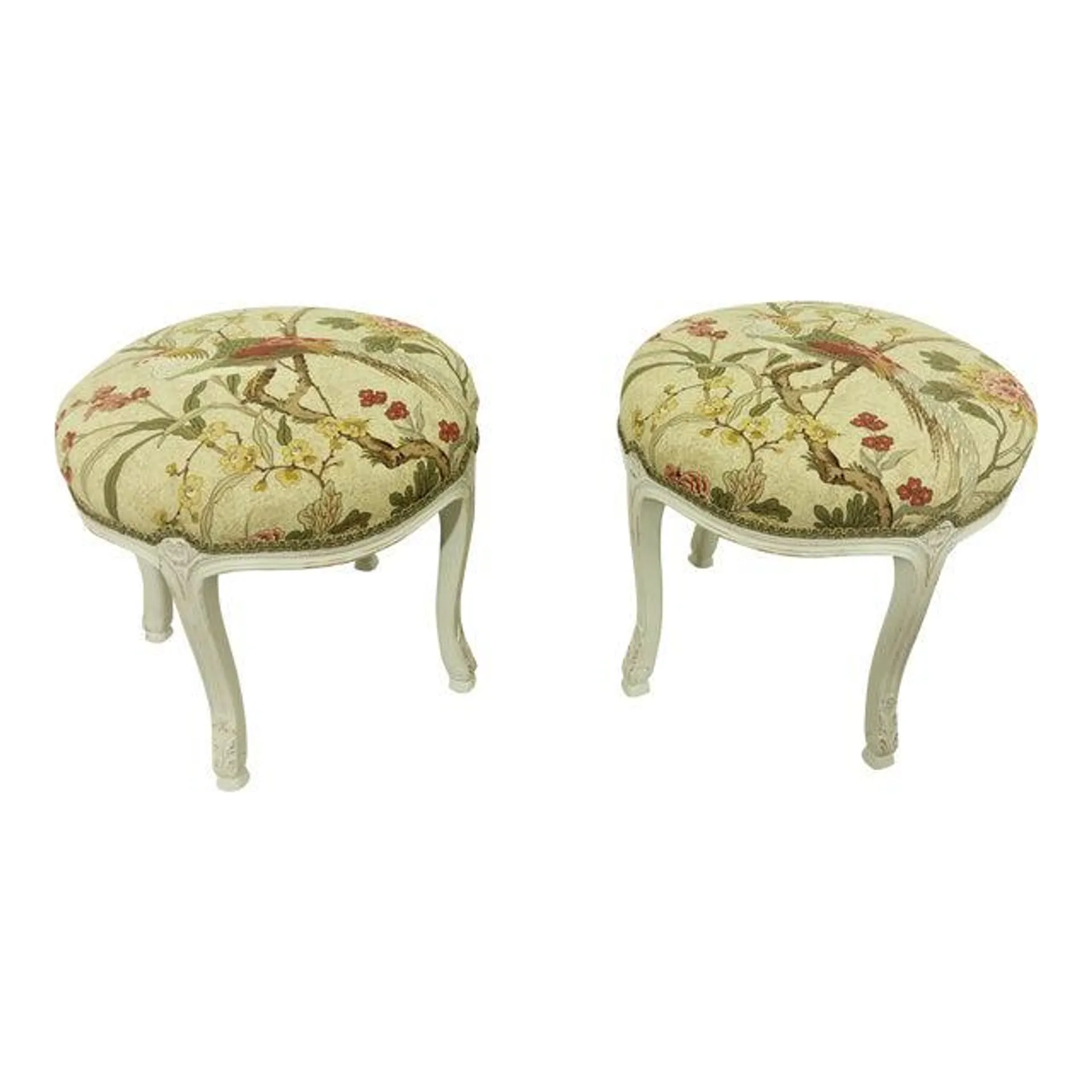 Pair Round French Painted Ottoman or Stools W. Pheasant Upholstery