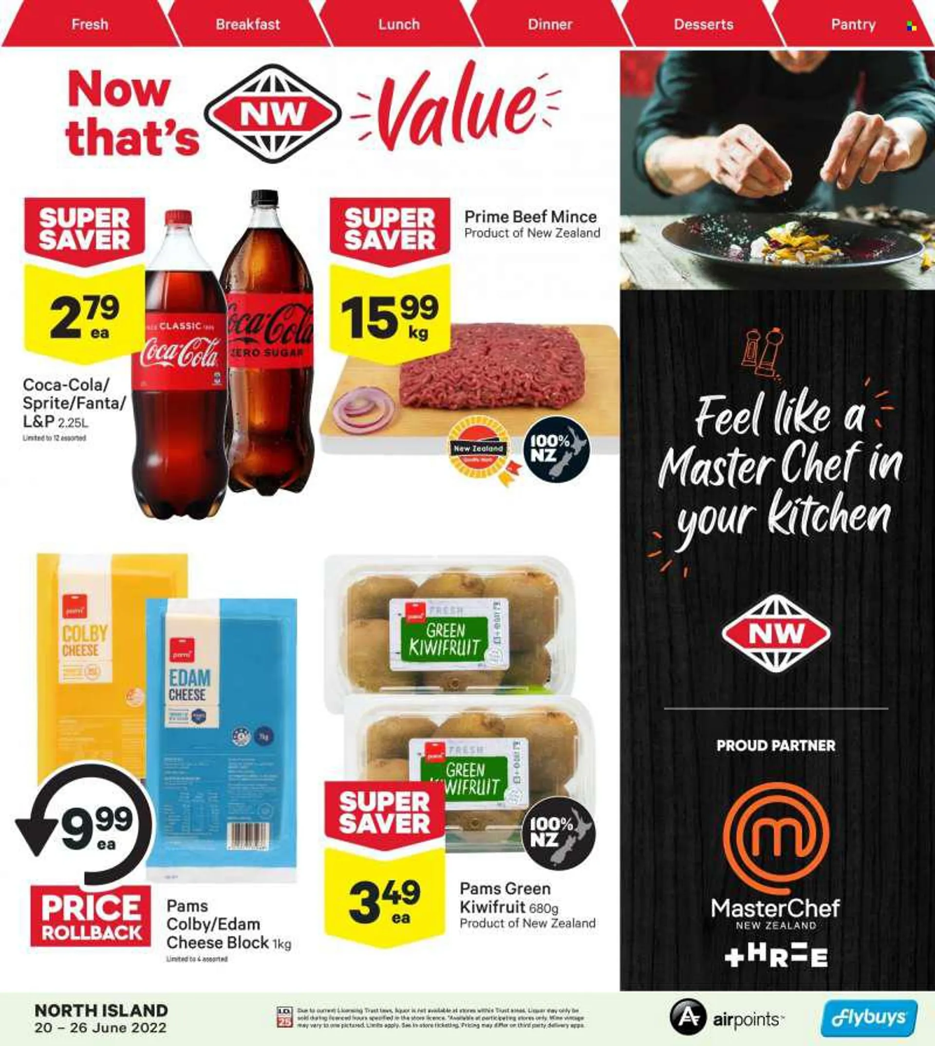 New World mailer - 20.06.2022 - 26.06.2022 - Sales products - kiwi, colby cheese, edam cheese, cheese, milk, Coca-Cola, Sprite, Fanta, L&amp;P, wine. Page 1.