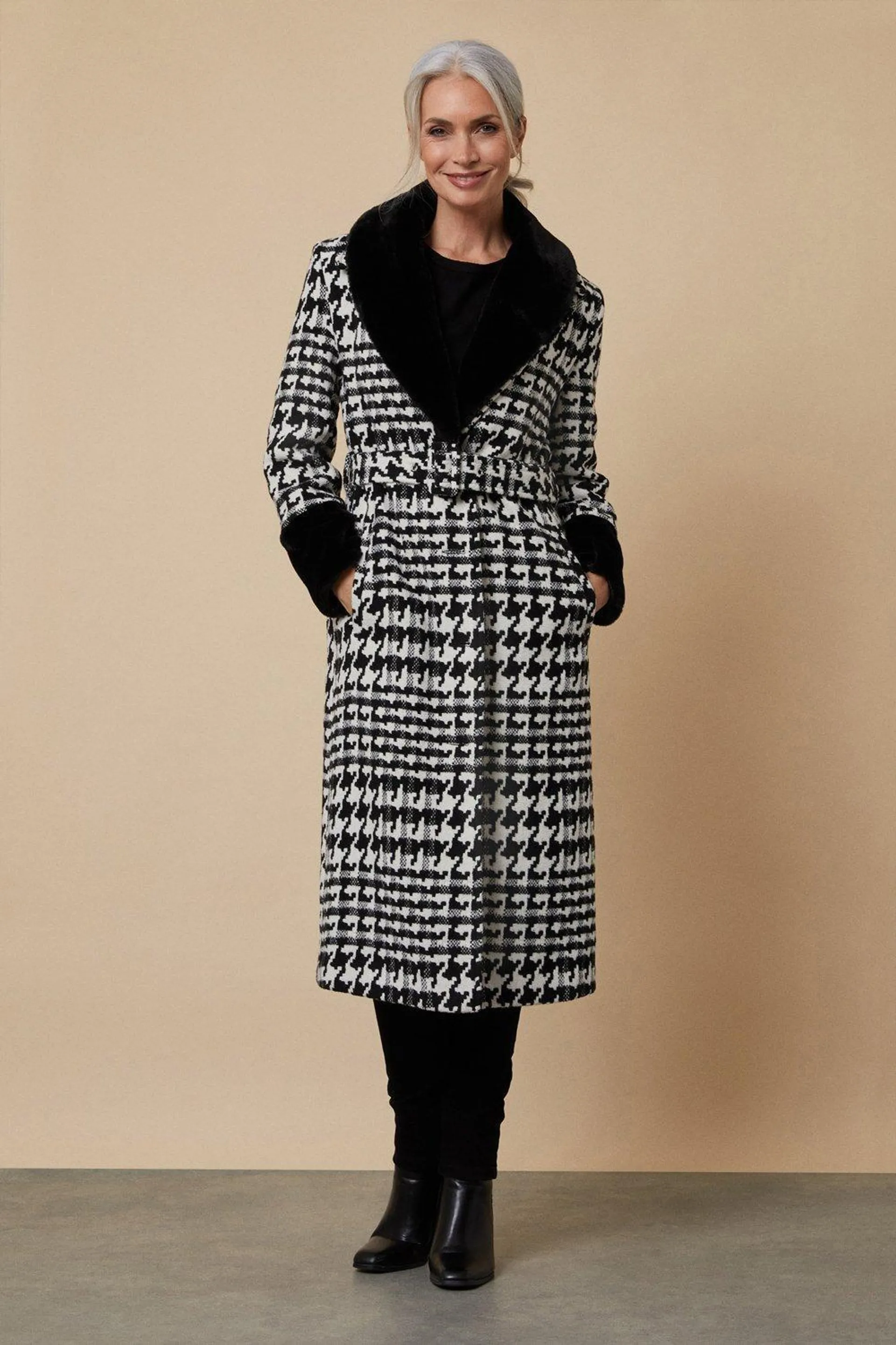 Faux Fur Collar Check Belted Coat