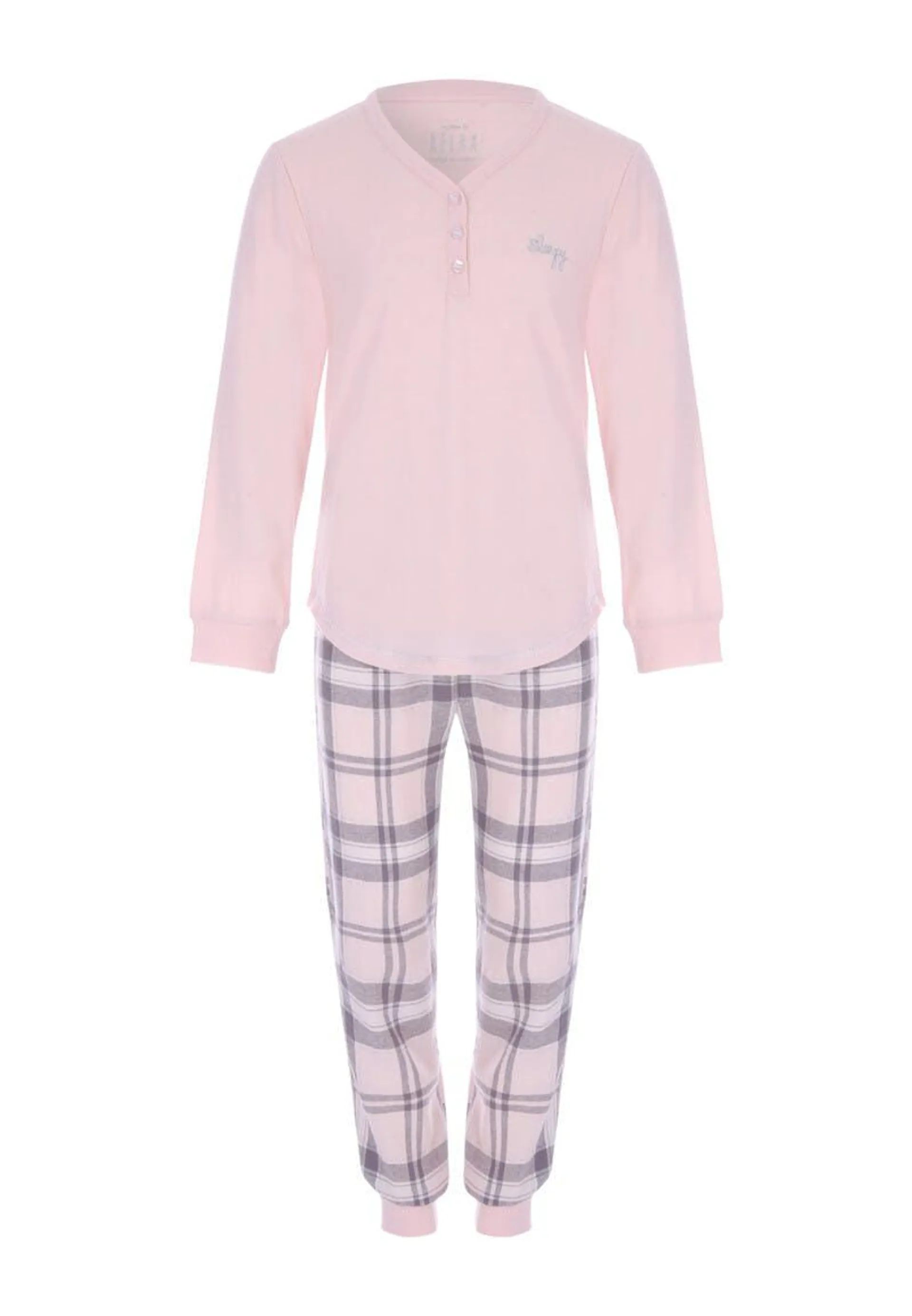 Girls Pink Check Henley Pyjama Set