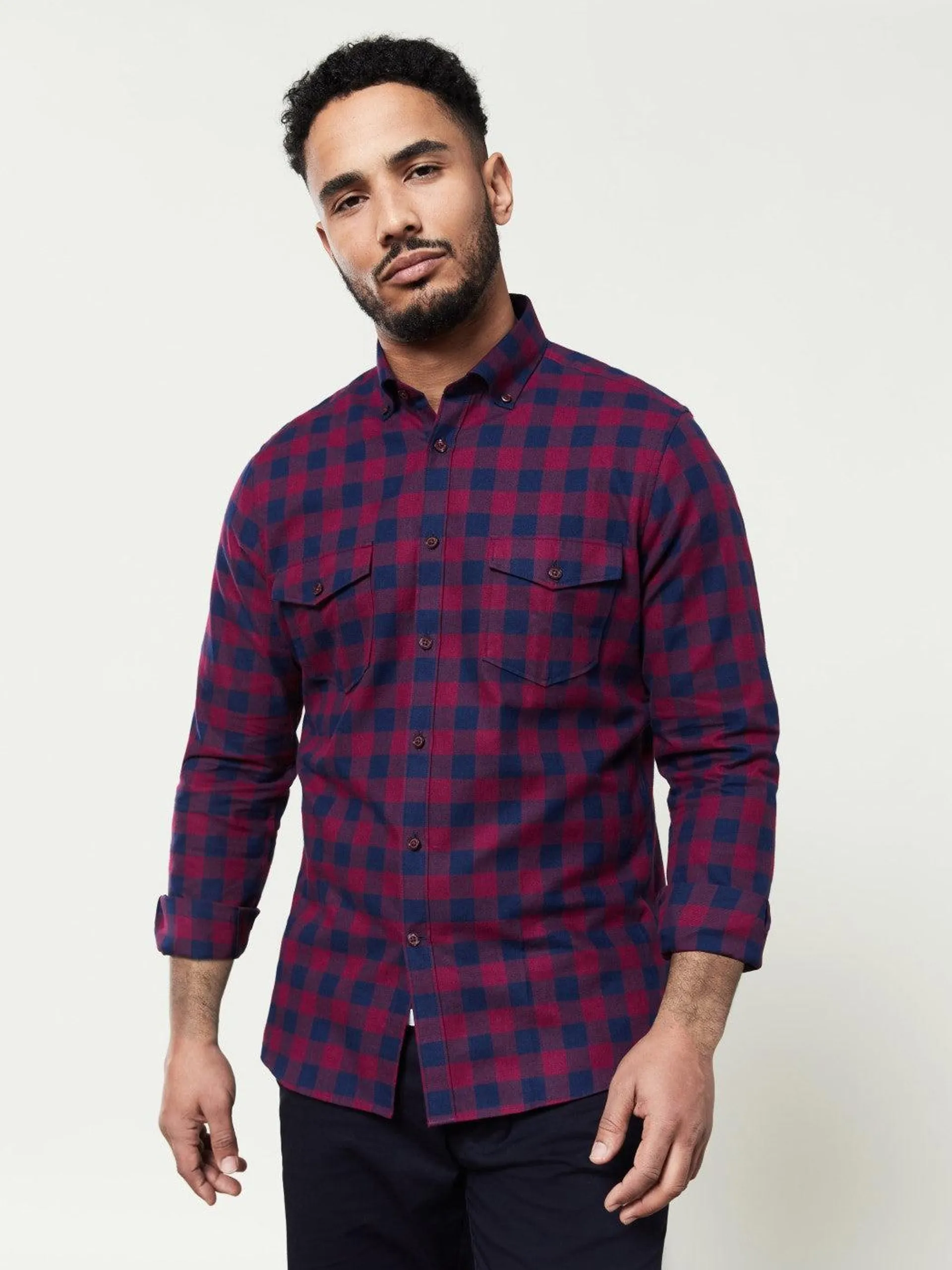 Navy and Burgundy Buffalo Check Flannel Shirt