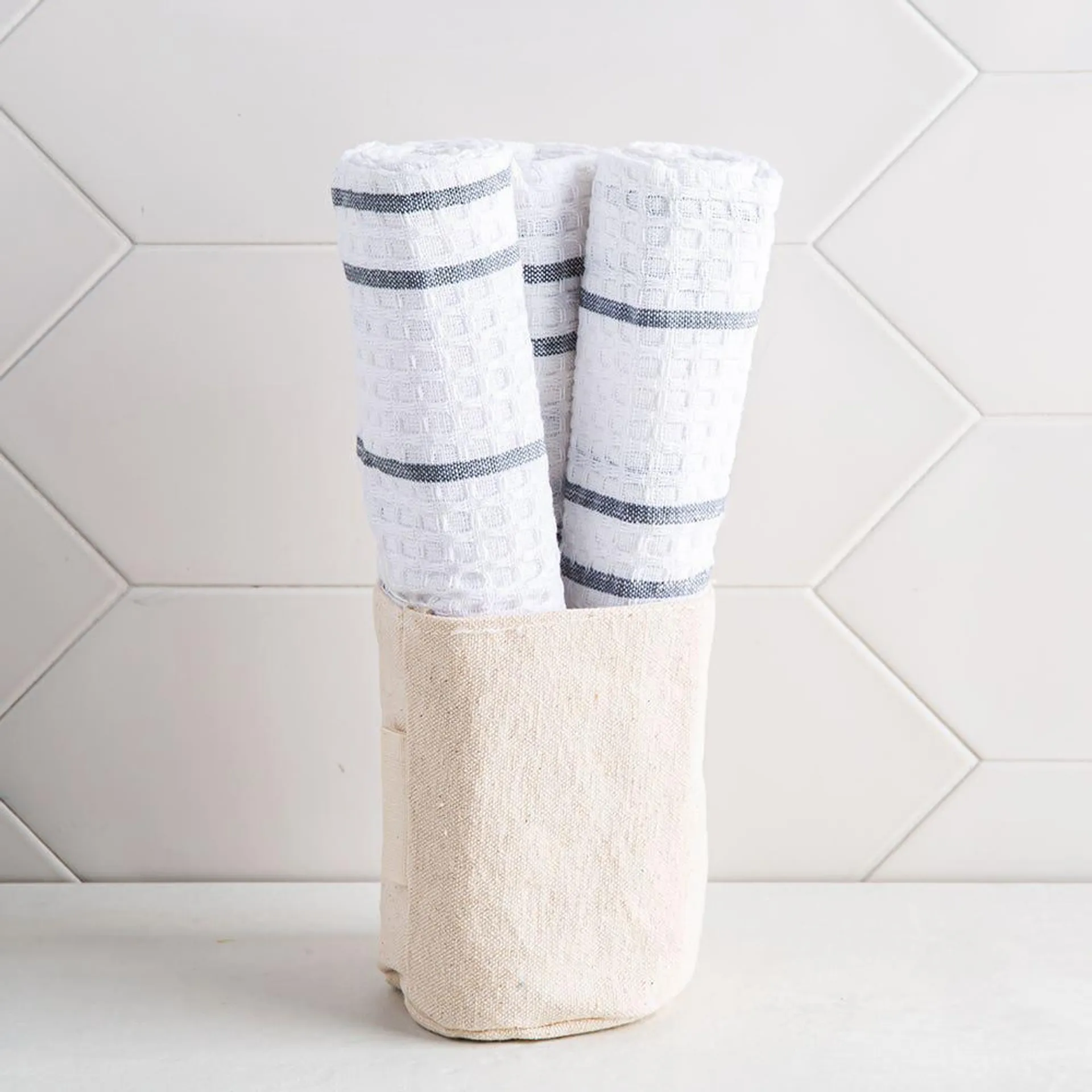 Harman Calvin Canvas Tote 'Stripe' Cotton Kitchen Towel S/3 (Grey)