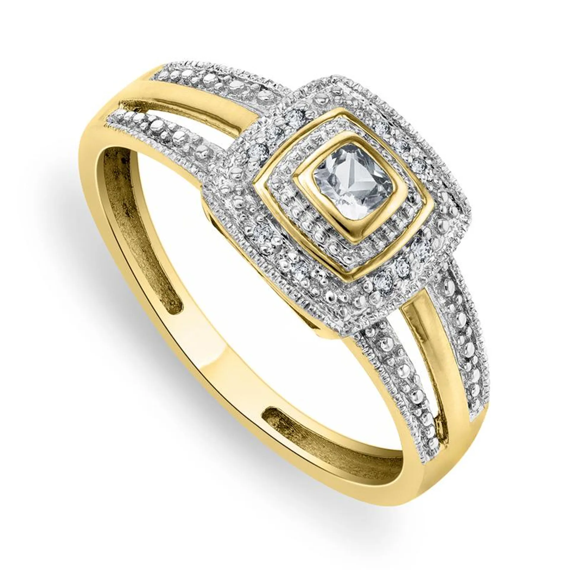Yellow Gold Diamond & Created Sapphire Cushion Stripe Women’s Ring
