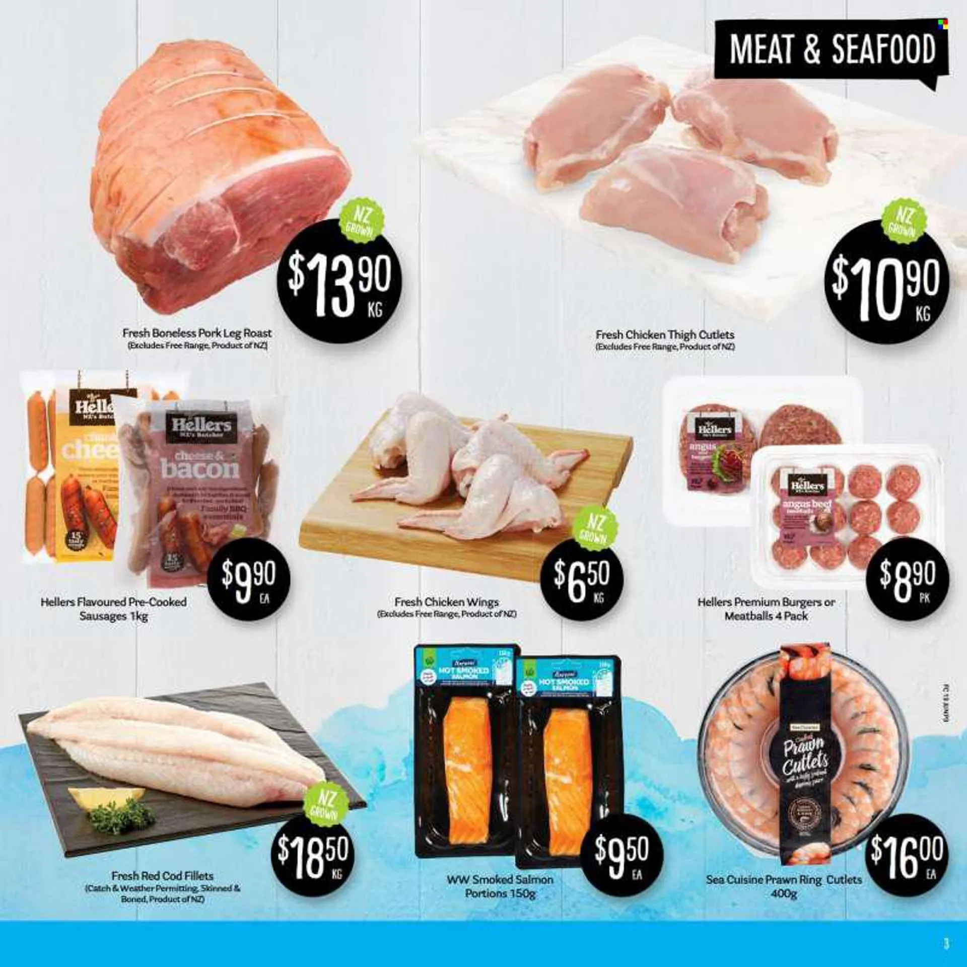 Fresh Choice mailer - 13.06.2022 - 19.06.2022 - Sales products - cod, salmon, smoked salmon, seafood, prawns, meatballs, hamburger, bacon, sausage, chicken wings, chicken thigh cutlets, chicken meat, beef meat, pork meat, pork leg, essentials. Page 3.