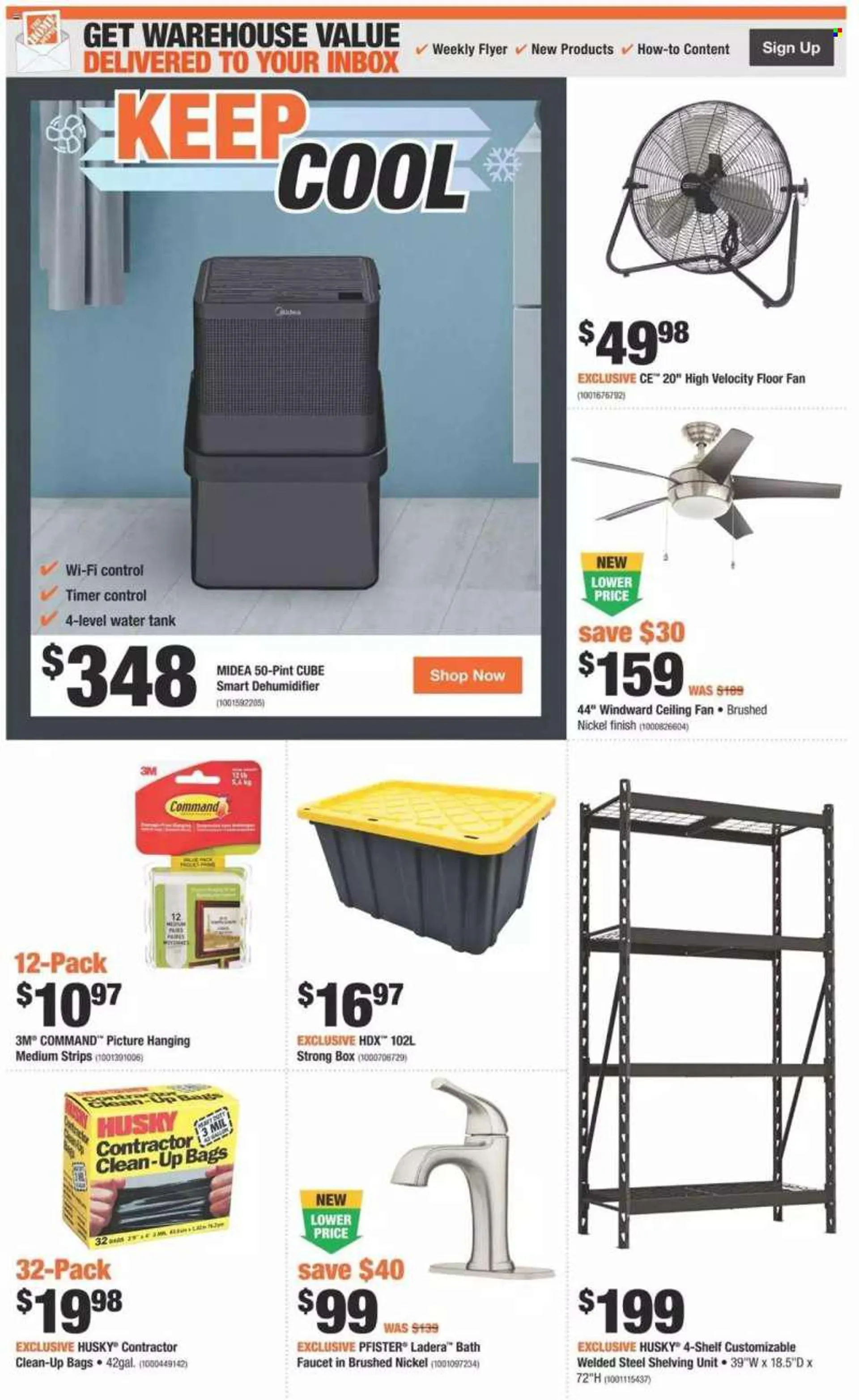 The Home Depot Flyer - June 30, 2022 - July 06, 2022 - Sales products - bag, Midea, ceiling fan, shelves, shelf unit, bath faucet, faucet, water tank, tank. Page 3.