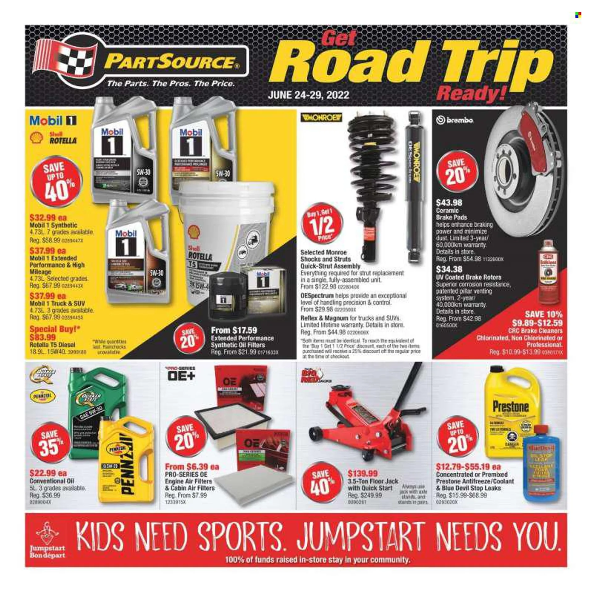 PartSource Flyer - June 24, 2022 - June 29, 2022 - Sales products - air filter, floor jack, brake pad, oil filter, cabin filter, brake rotors, antifreeze, Mobil, Rotella, Shell, Prestone, conventional oil, Quaker State, Pennzoil. Page 1.