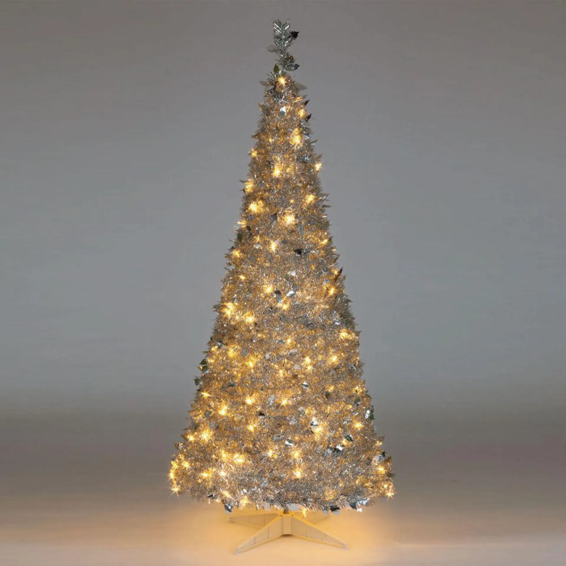 6ft Silver "Pre-Lit Pop-Up" Holly Tree With 200 Warm White LEDs