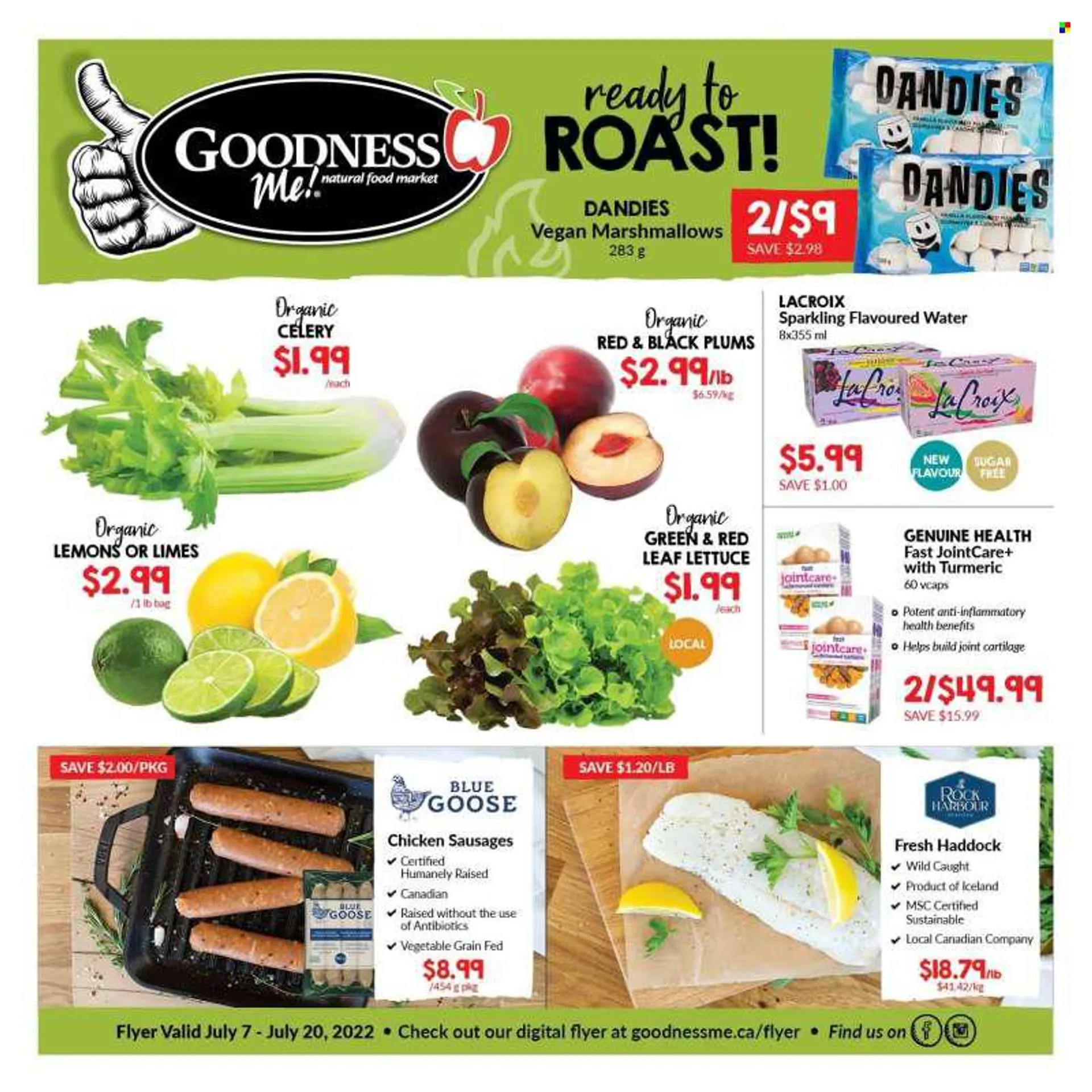 Goodness Me Flyer - July 07, 2022 - July 20, 2022 - Sales products - celery, lettuce, limes, plums, lemons, black plums, haddock, seafood, sausage, marshmallows, sugar, turmeric. Page 1.