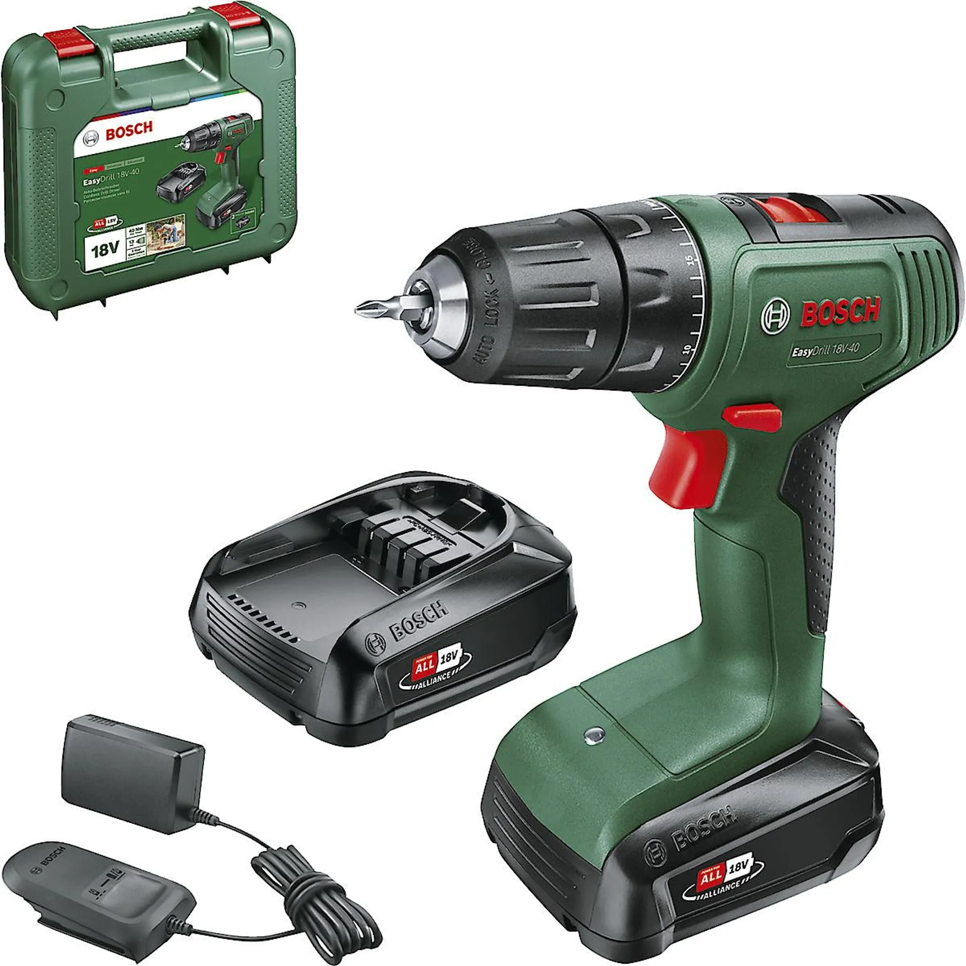 Bosch EasyDrill 18V-40 Porakone, jossa 2 akkua