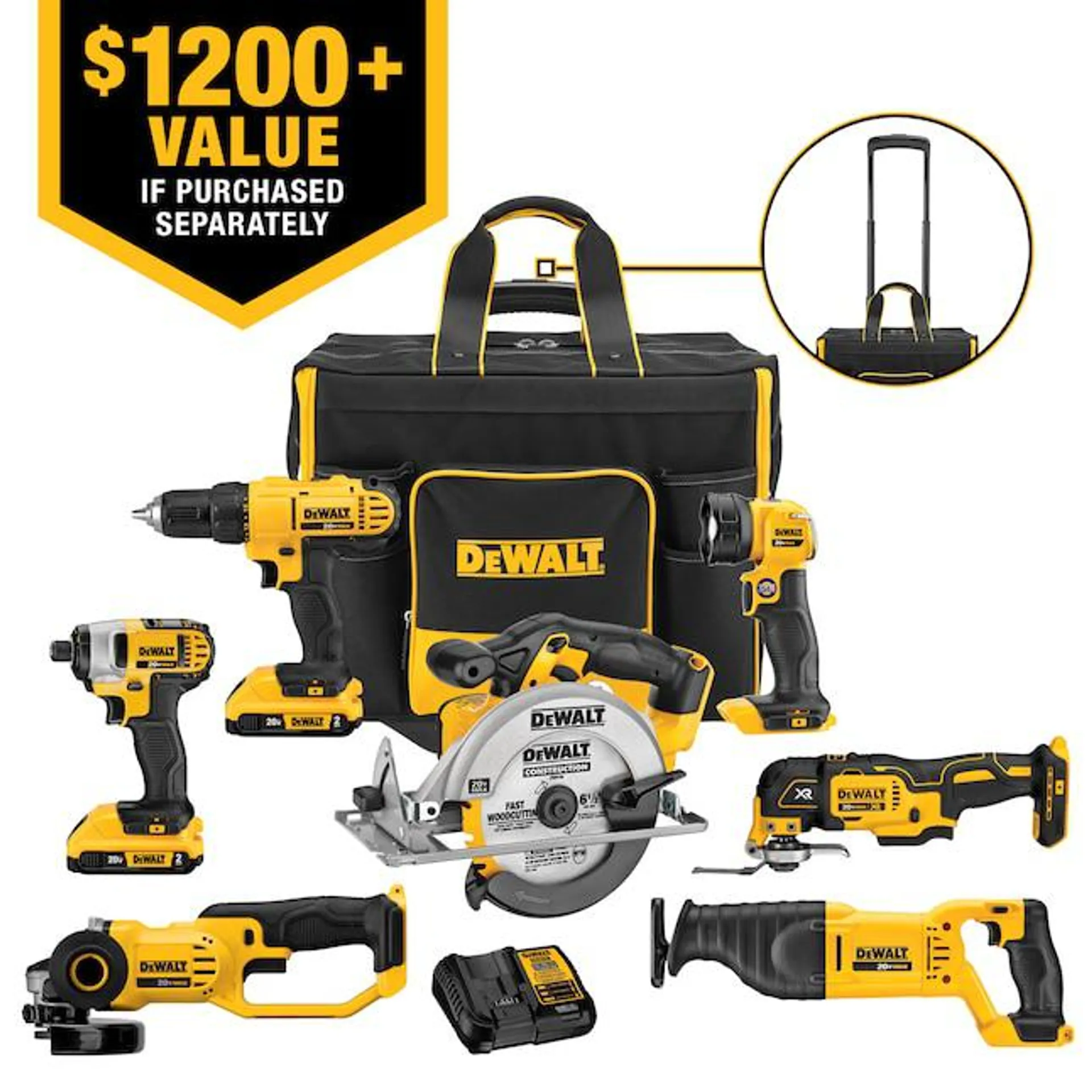 7-Tool 20-Volt Max Power Tool Combo Kit with Soft Rolling Case (2-Batteries and charger Included)
