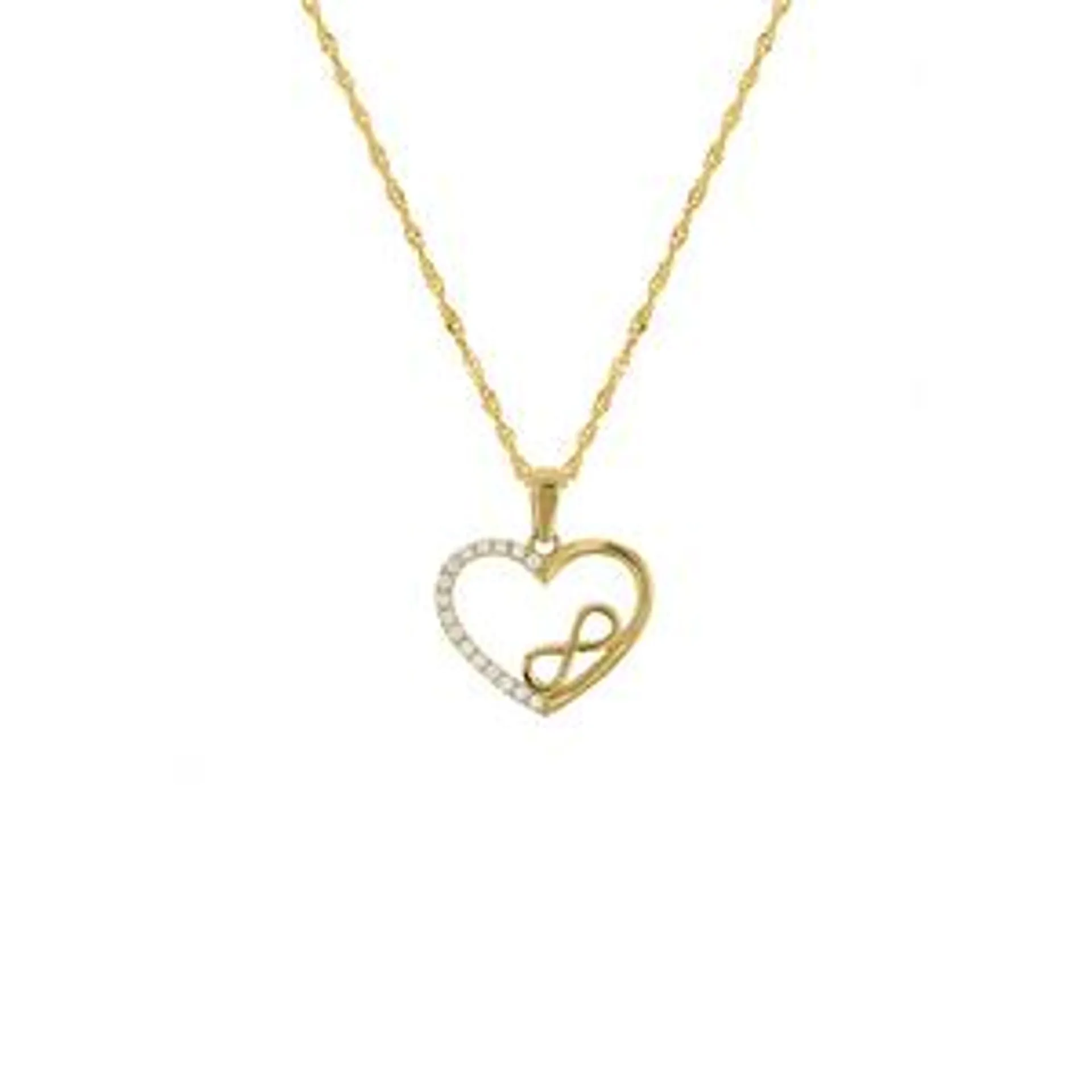 9ct Yellow Gold Cubic Zirconia Infinity Heart Pendant on Sterling Silver & Gold Chain.