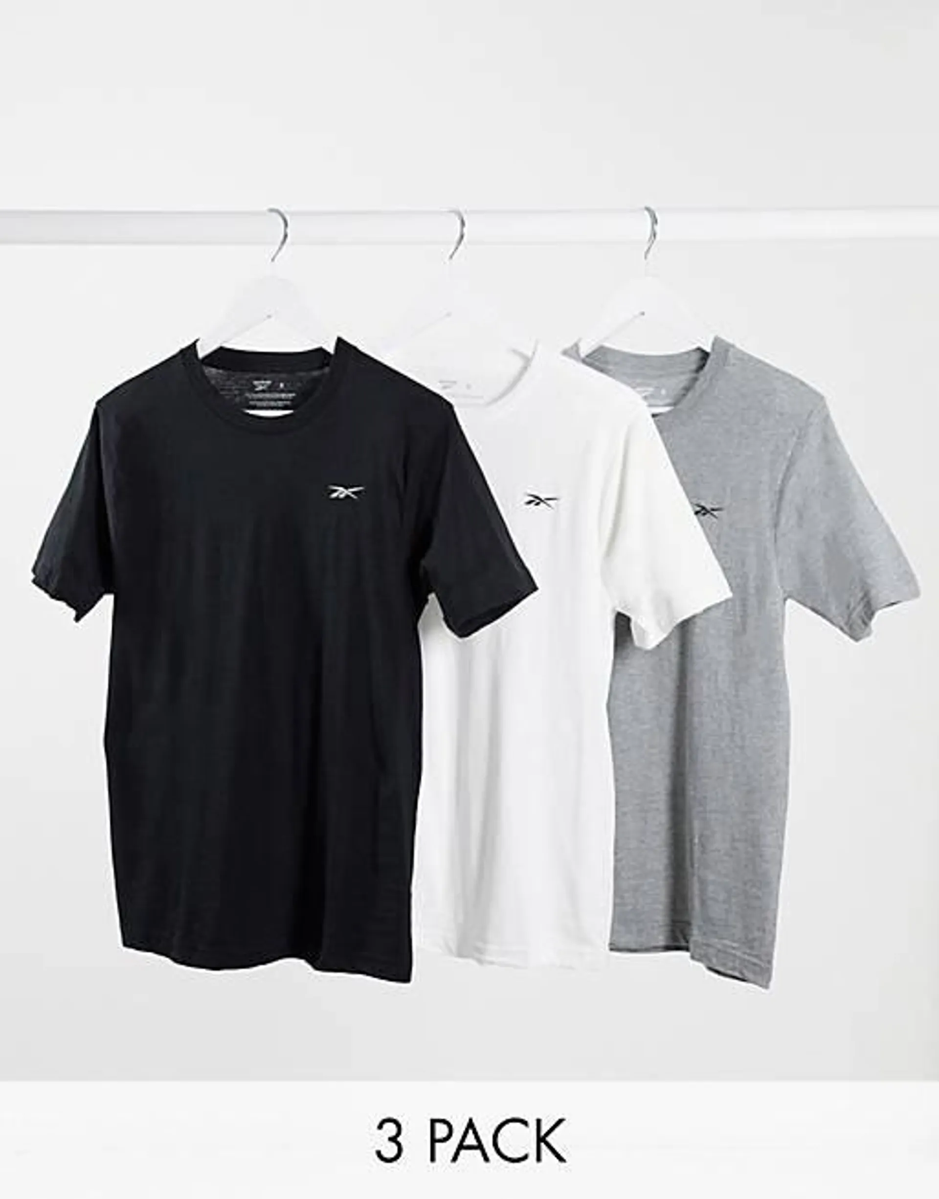 Reebok 3 pack t-shirts in black white & grey