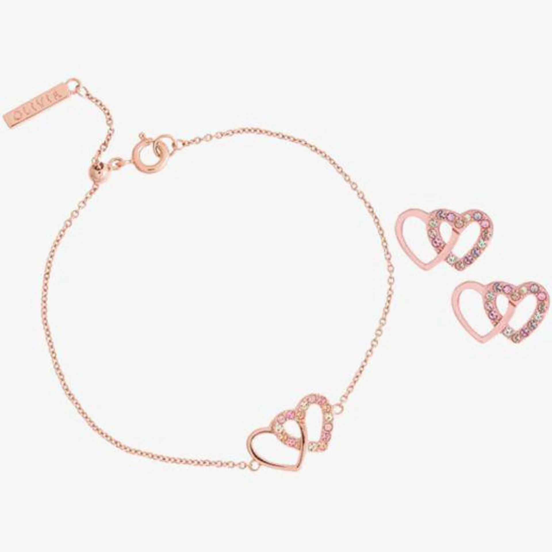 Olivia Burton Classics Interlink Heart Rose Gold Tone Bracelet & Studs Gift Set OBJGSET61