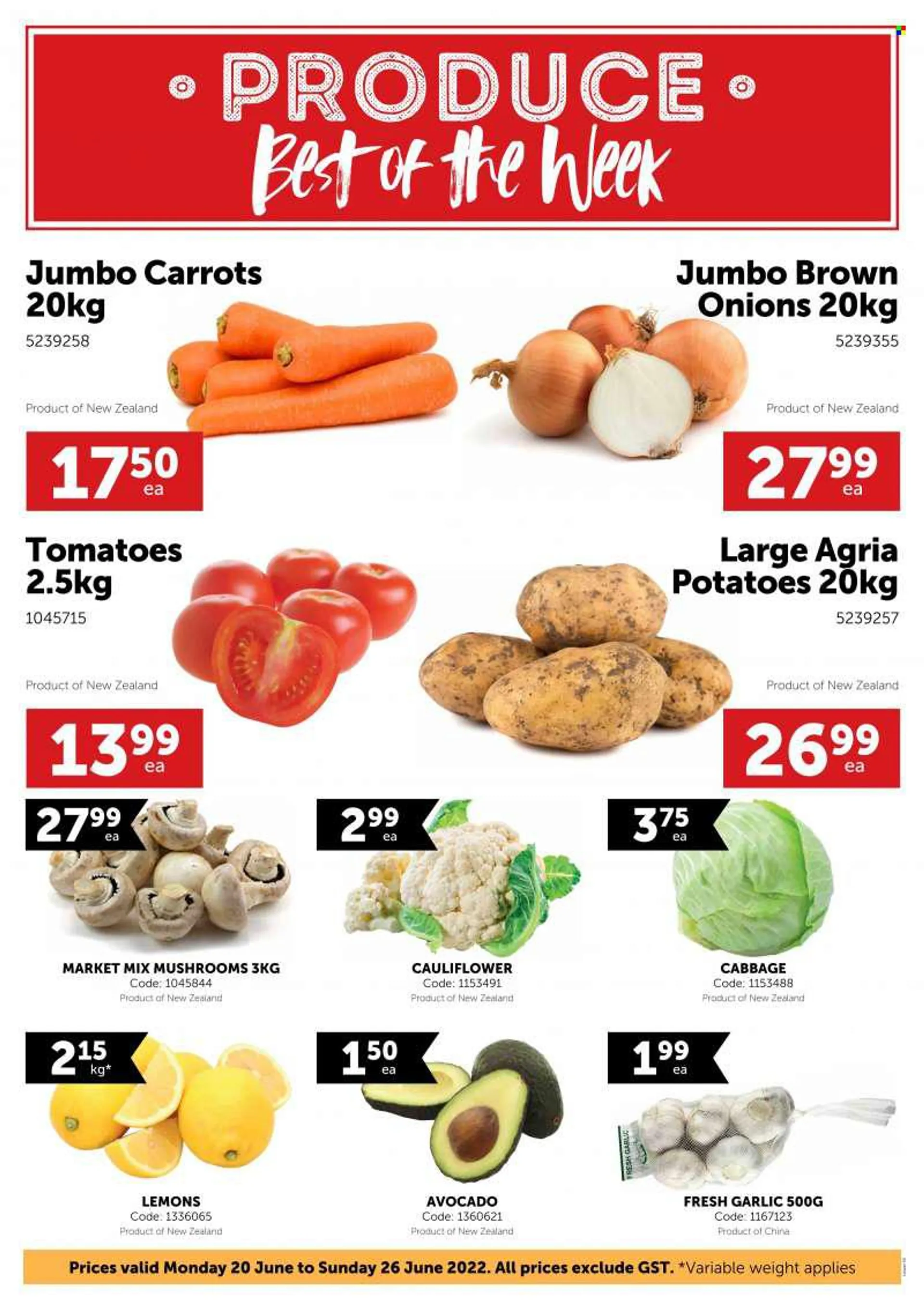 Gilmours mailer - 20.06.2022 - 26.06.2022 - Sales products - mushroom, cabbage, carrots, cauliflower, garlic, tomatoes, potatoes, onion, avocado, lemons. Page 1.