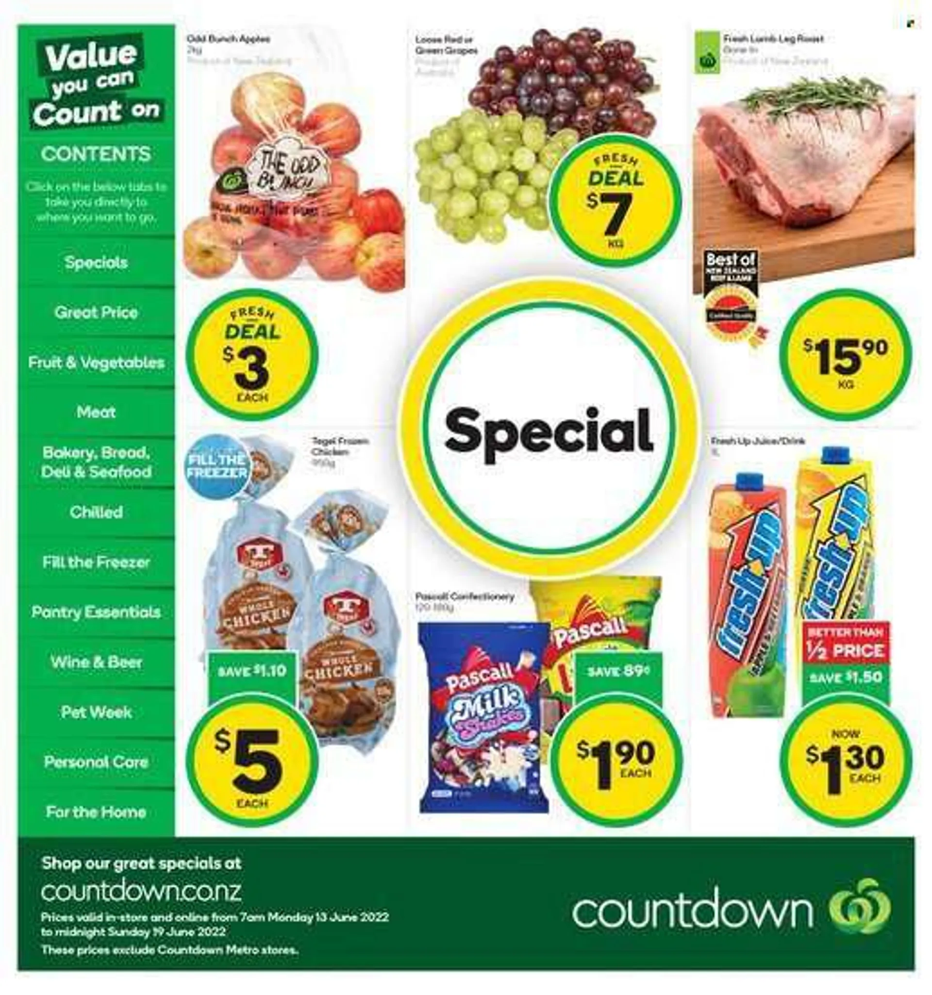 Countdown mailer - 13.06.2022 - 19.06.2022 - Sales products - milk, shakes, juice, wine, beer, whole chicken, chicken meat, lamb meat, lamb leg, essentials. Page 1.
