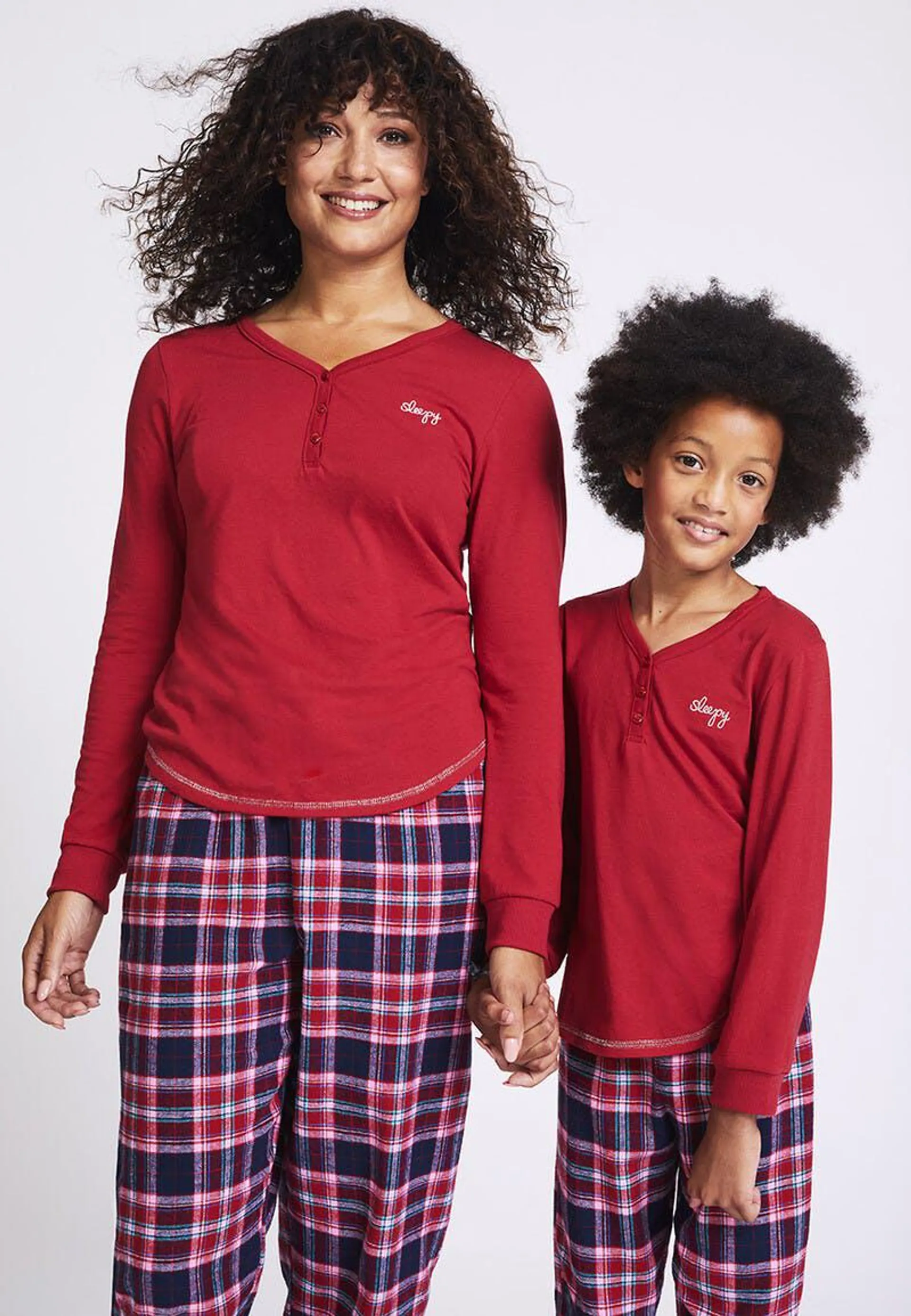 Girls Red Check Henley Pyjama Set
