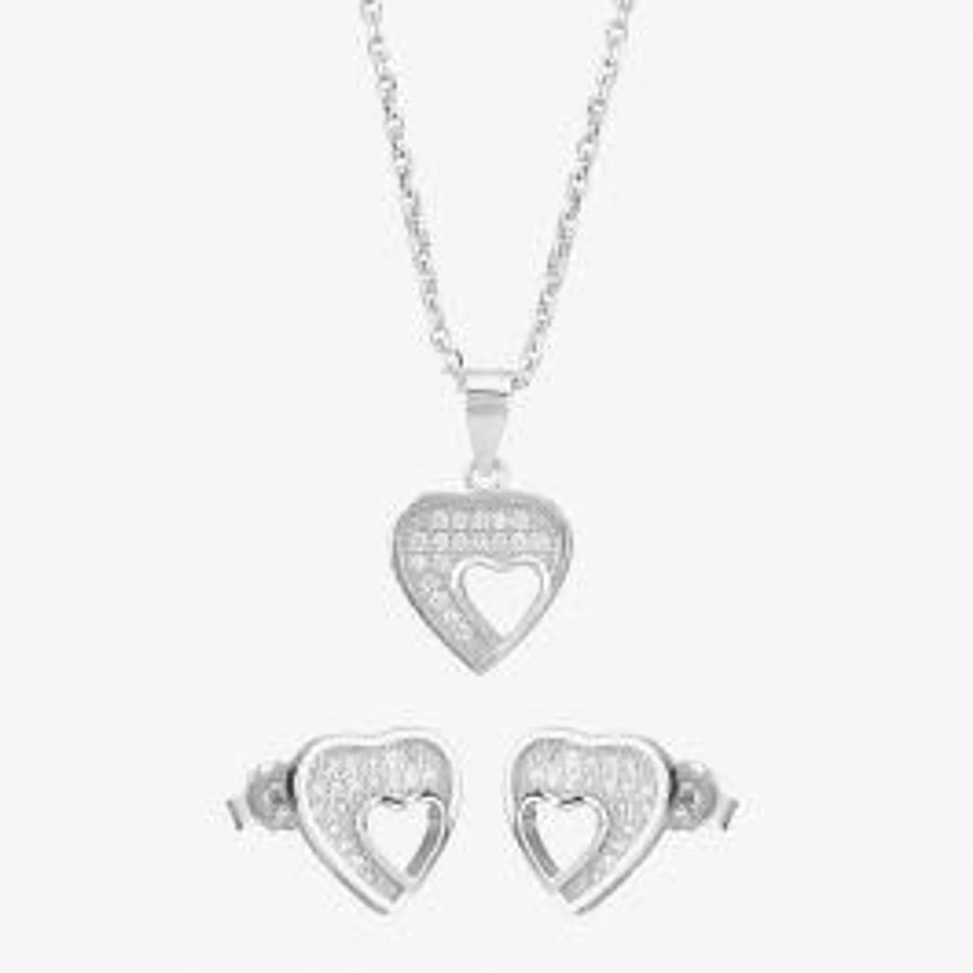 Silver Pavé Cut-Out Heart Pendant and Earring Set E612067+E612067-P