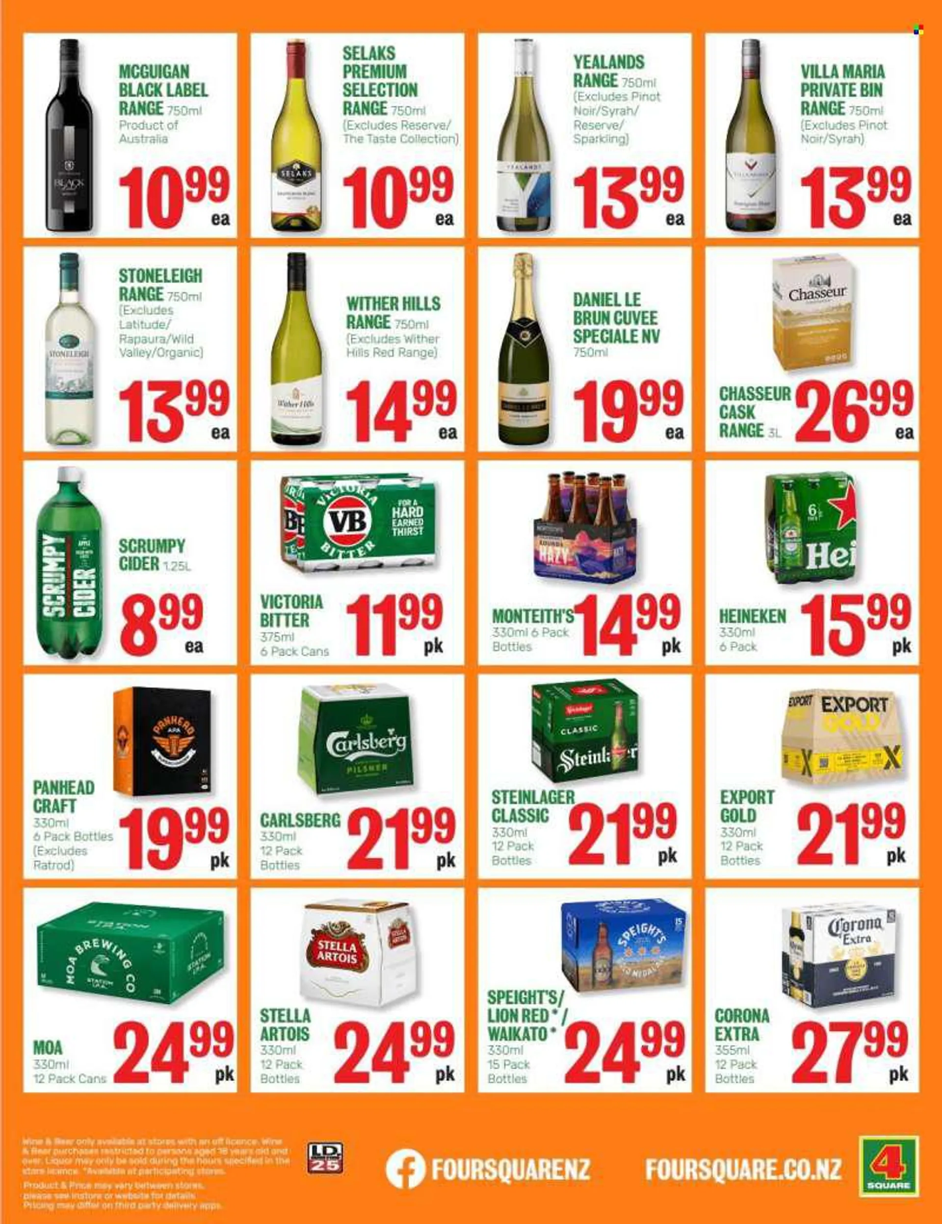 Four Square mailer - 06.06.2022 - 12.06.2022 - Sales products - Victoria, red wine, champagne, wine, Pinot Noir, Cuvée, Daniel Le Brun, Wither Hills, Syrah, cider, beer, Corona, Heineken, Carlsberg, Steinlager, Hills, Stella Artois. Page 12.