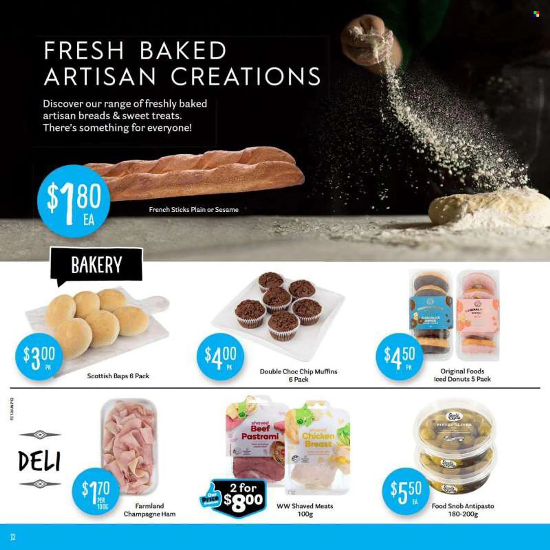 Fresh Choice mailer - 13.06.2022 - 19.06.2022 - Sales products - donut, muffin, ham, pastrami, chocolate, olives, spice, herbs, champagne, chicken breasts, chicken meat, beef meat. Page 12.