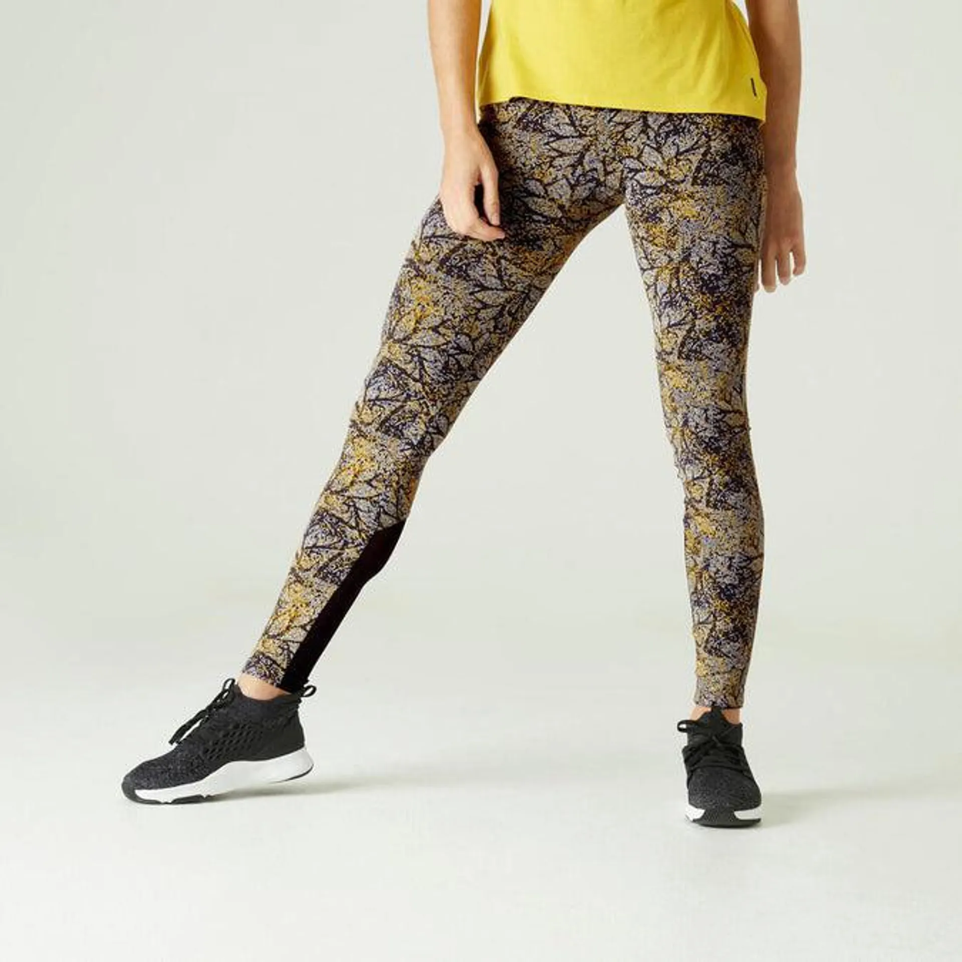 Stretchy High-Waisted Cotton Fitness Leggings with Mesh Print