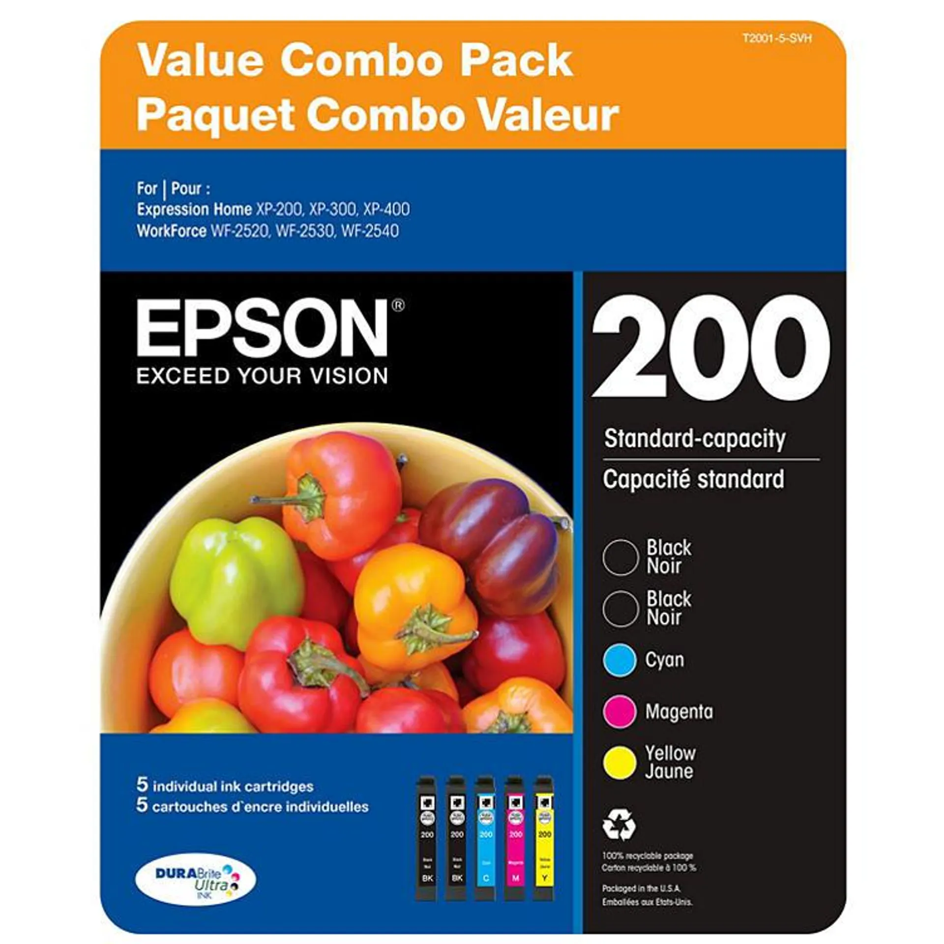 Epson T200 Series Ink Cartridge, Black/Cyan/Magenta/Yellow (5 ct.)