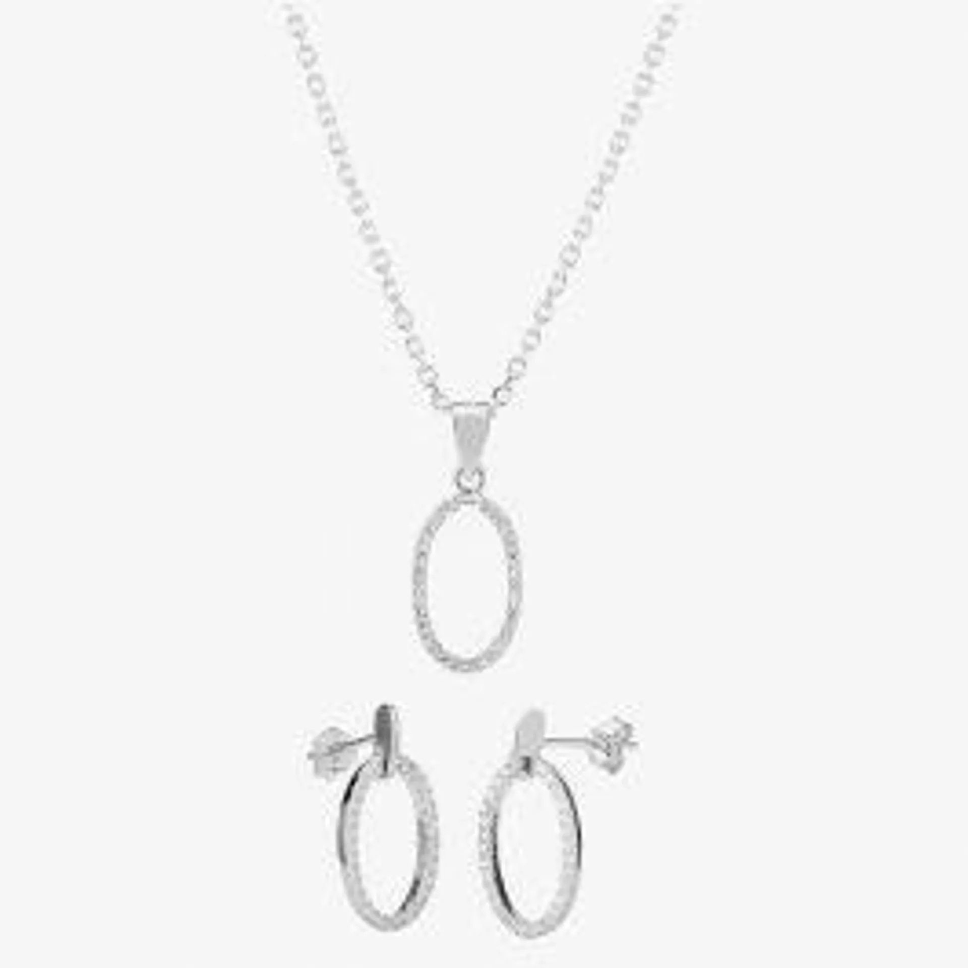 Silver Cubic Zirconia Open Oval Pendant and Dropper Earring Set SET12795