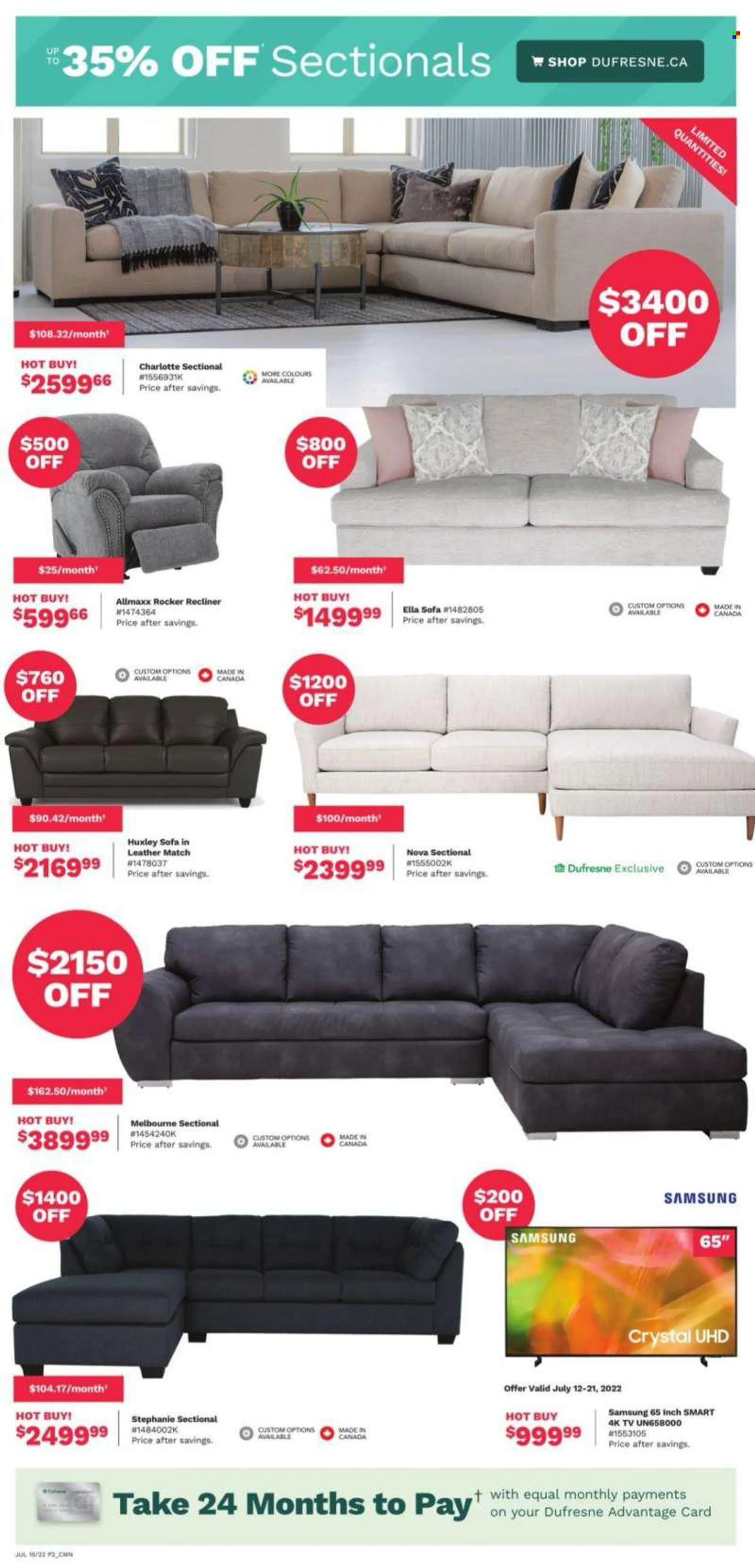 Dufresne Flyer - July 15, 2022 - July 25, 2022 - Sales products - Samsung, TV, sofa, recliner chair. Page 2.