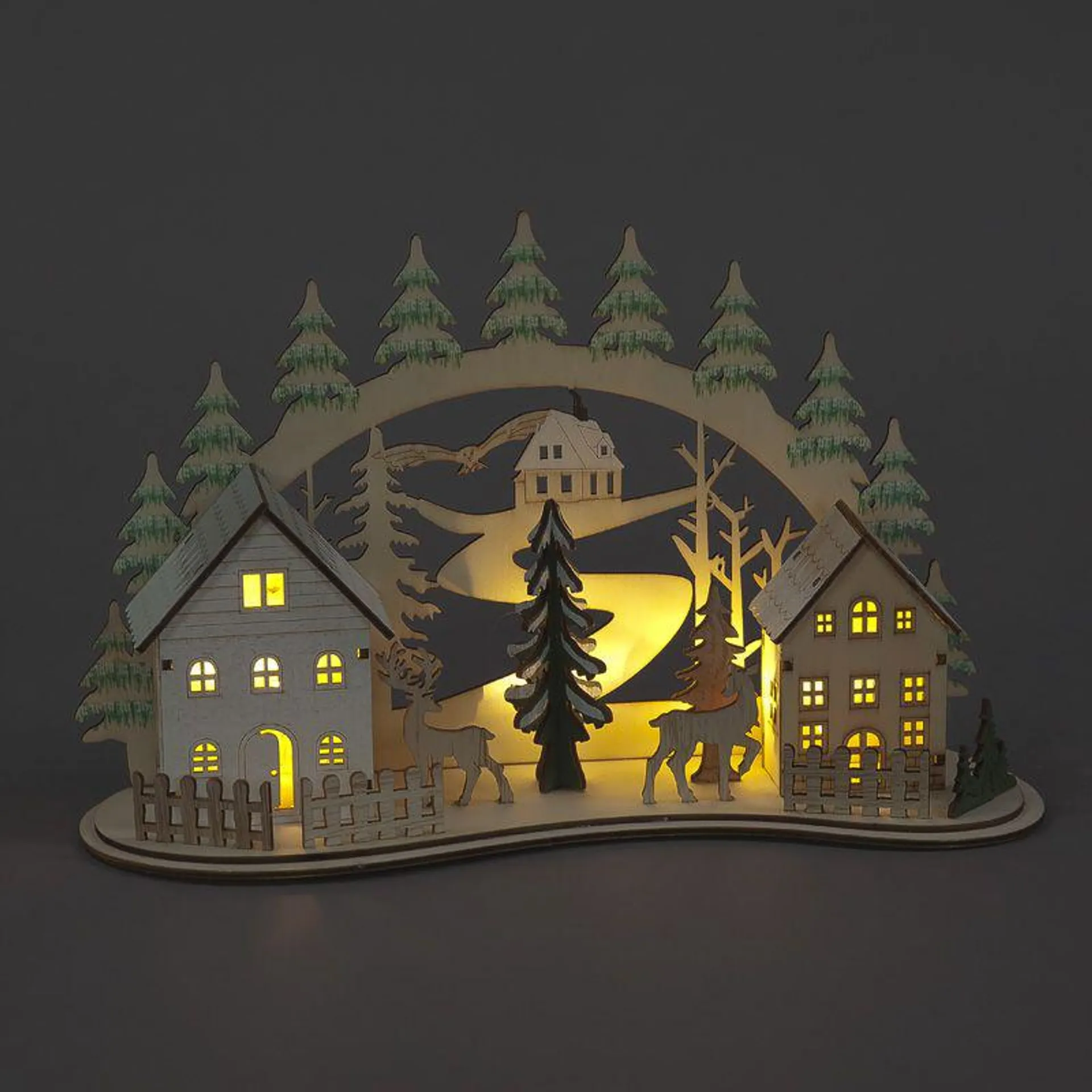 Battery Operated 19cm Wooden Village Scene