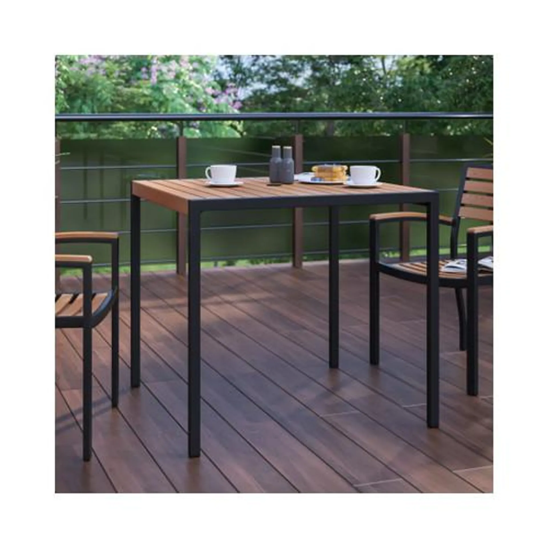 Outdoor Dining Table with Synthetic Teak Poly Slats - 35√¢‚Ç¨¬ù Square Steel Framed Restaurant Table with Umbrella Holder Hole - XUDGUH8100GG