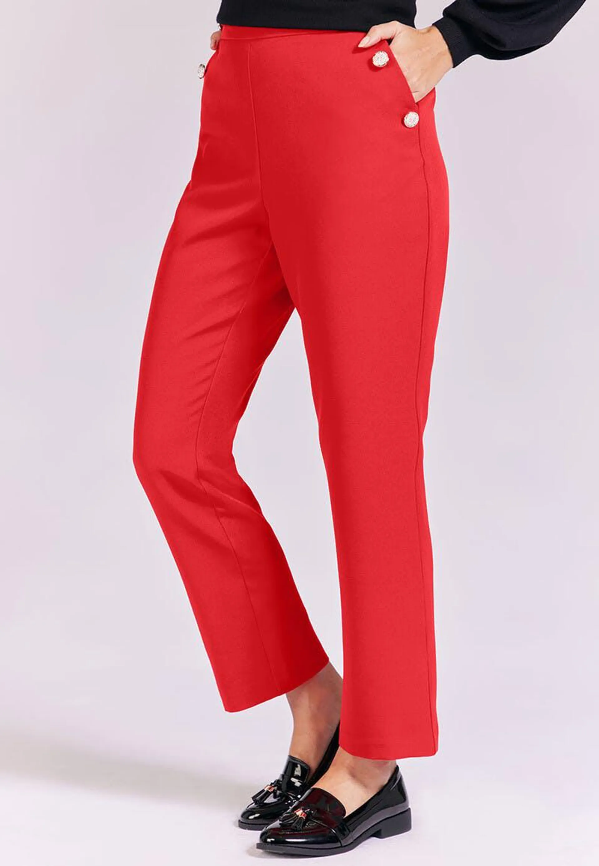 Womens Red Buttoned Straight Leg Trousers